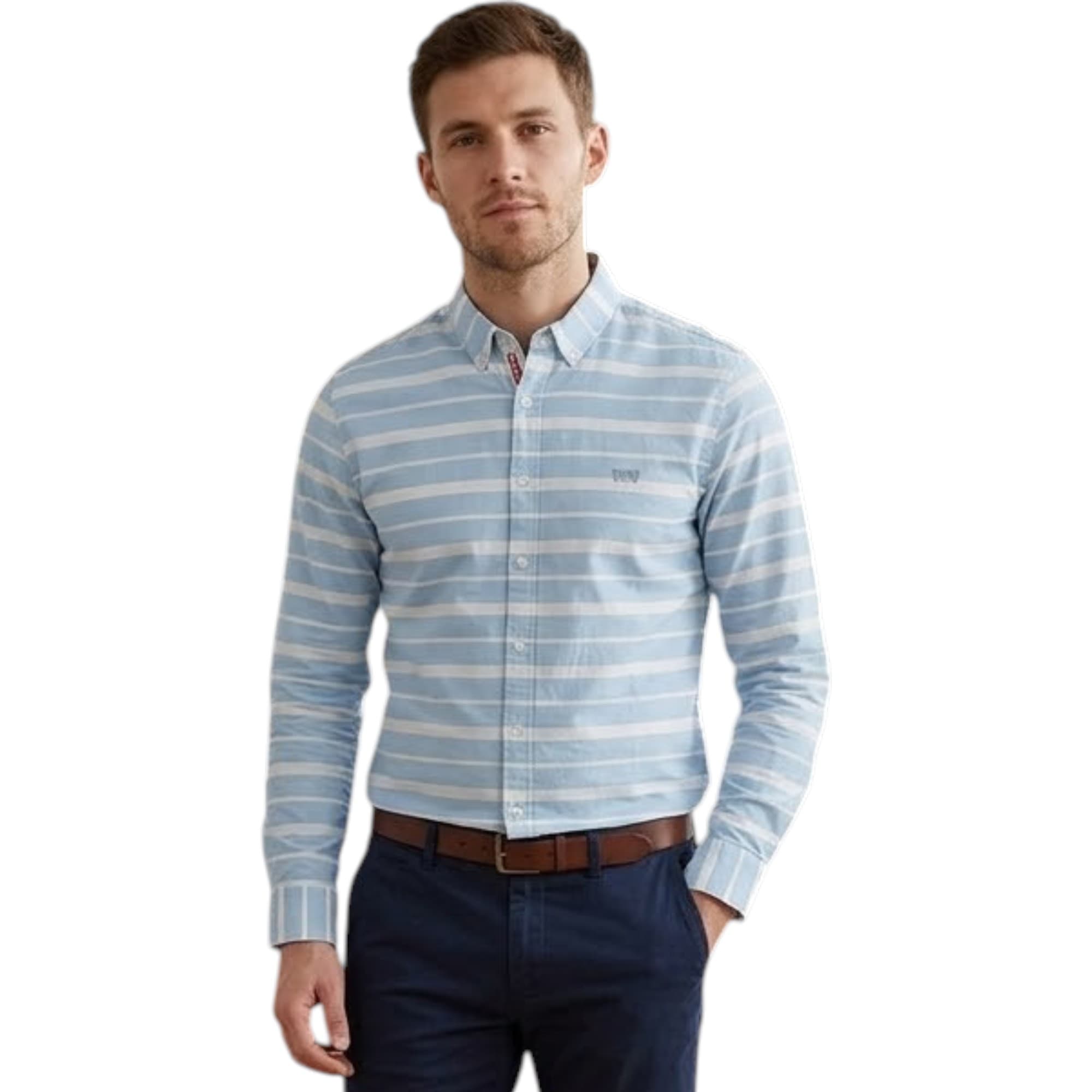Levi's men's long sleeve shirt in sky blue and white stripe, front view