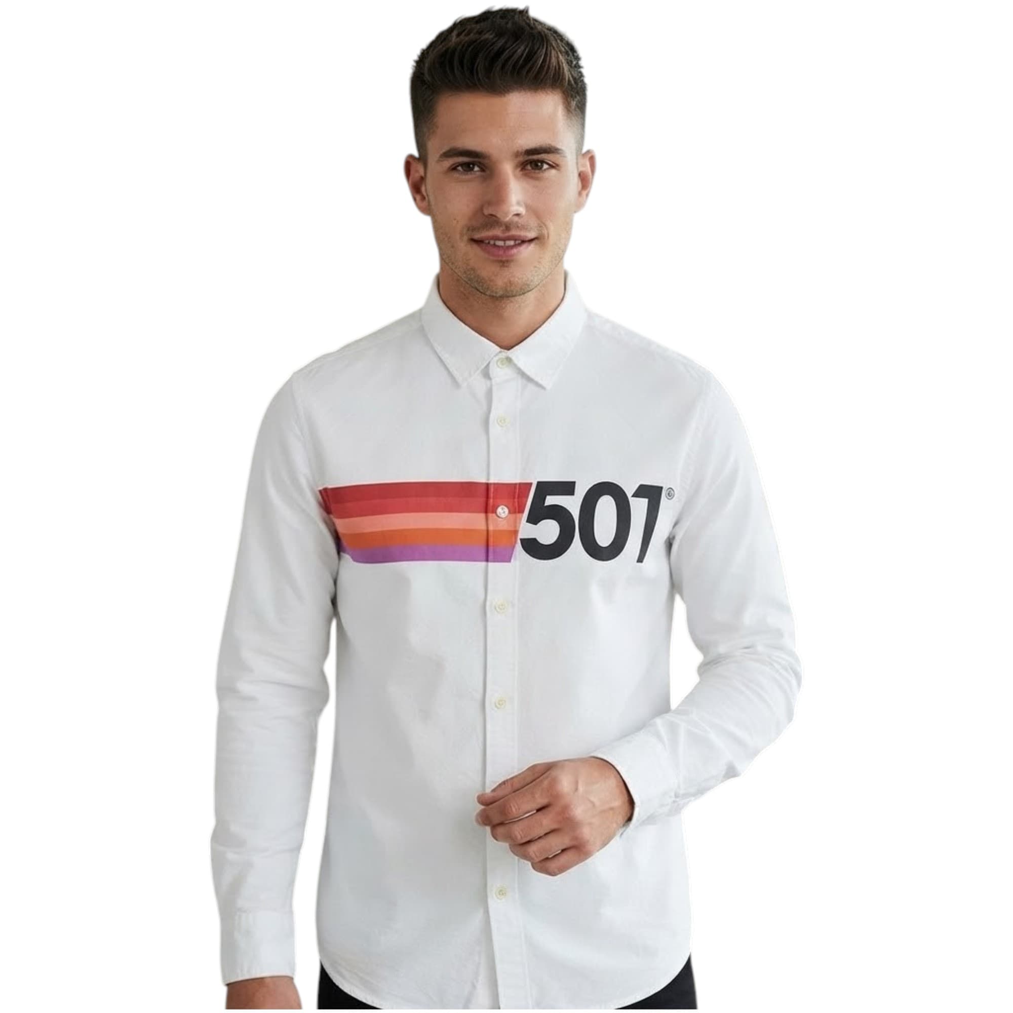 Levi's men's white cotton long sleeve shirt front view, slim fit