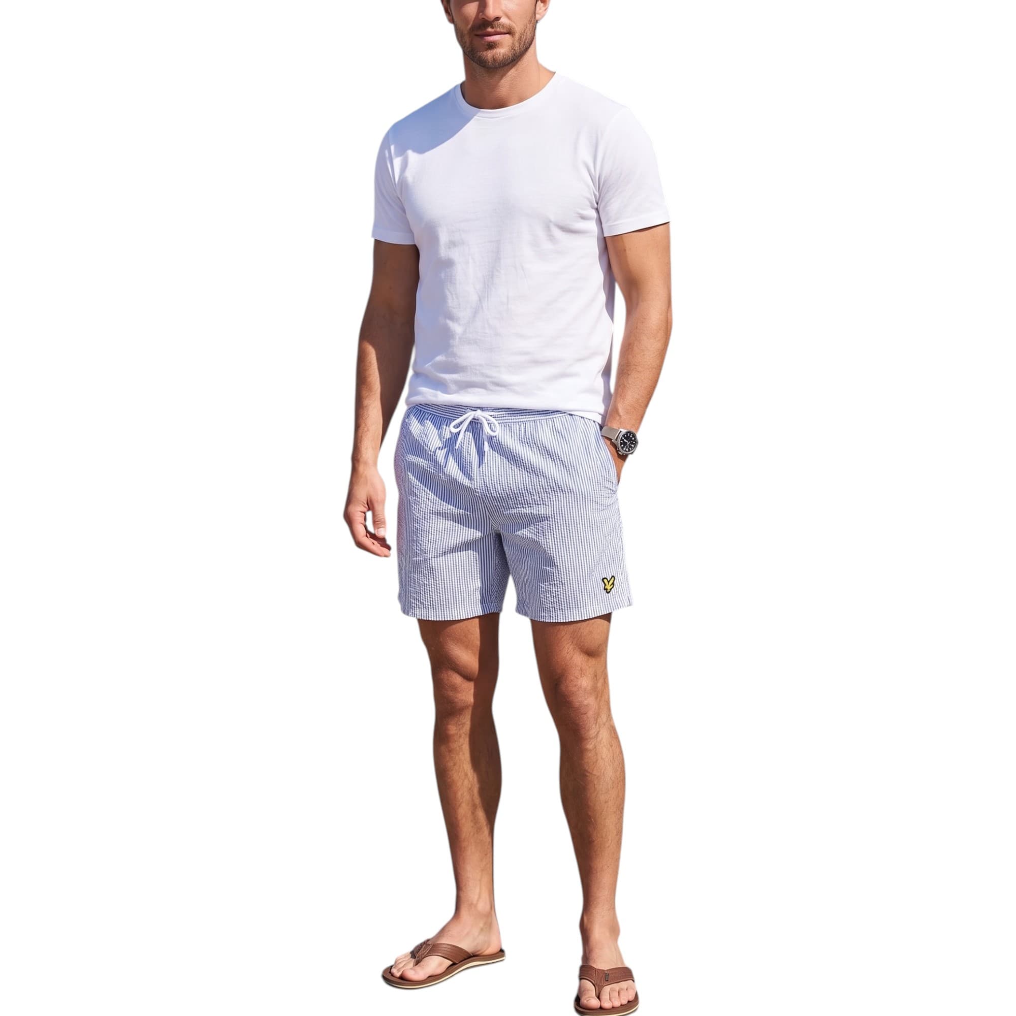 Lyle & Scott men's swim shorts in blue and white stripe pattern, front view