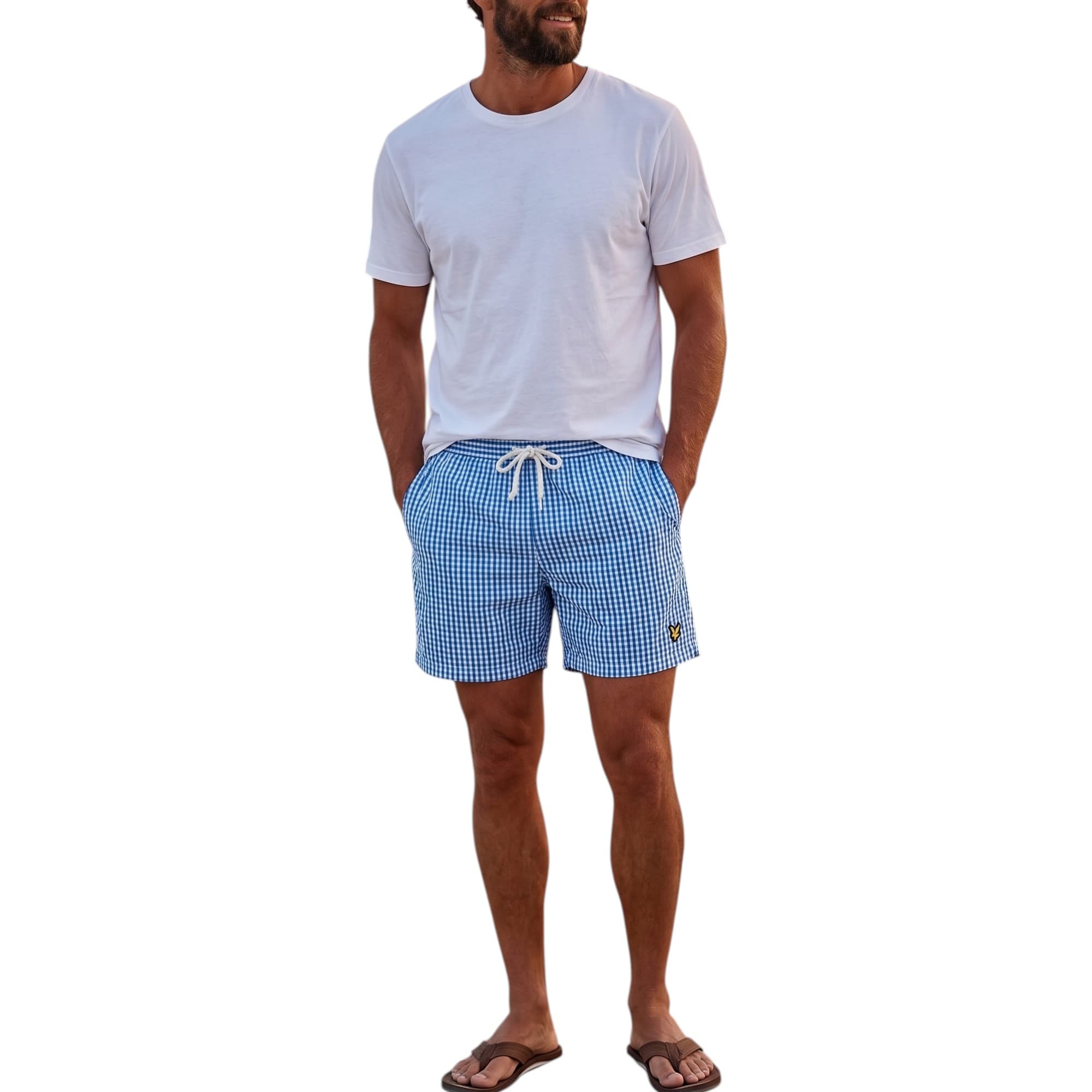 Lyle & Scott men's swim shorts in green and black stripe, front view