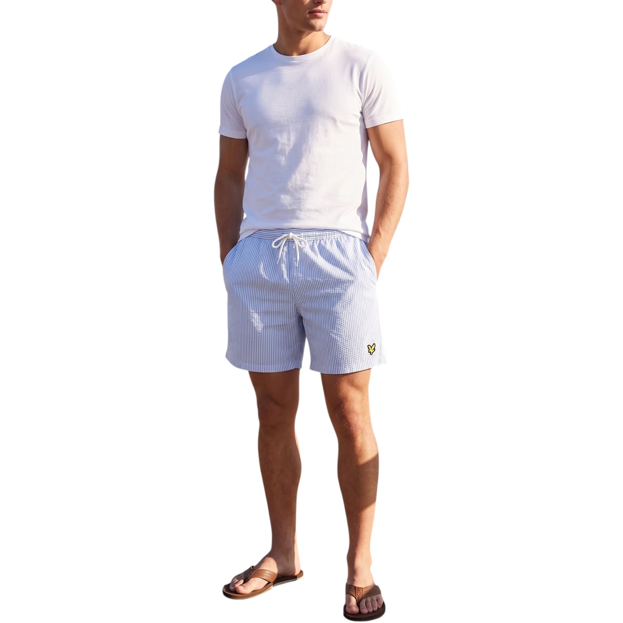 Lyle & Scott mens swim shorts front view, light blue and white stripe pattern