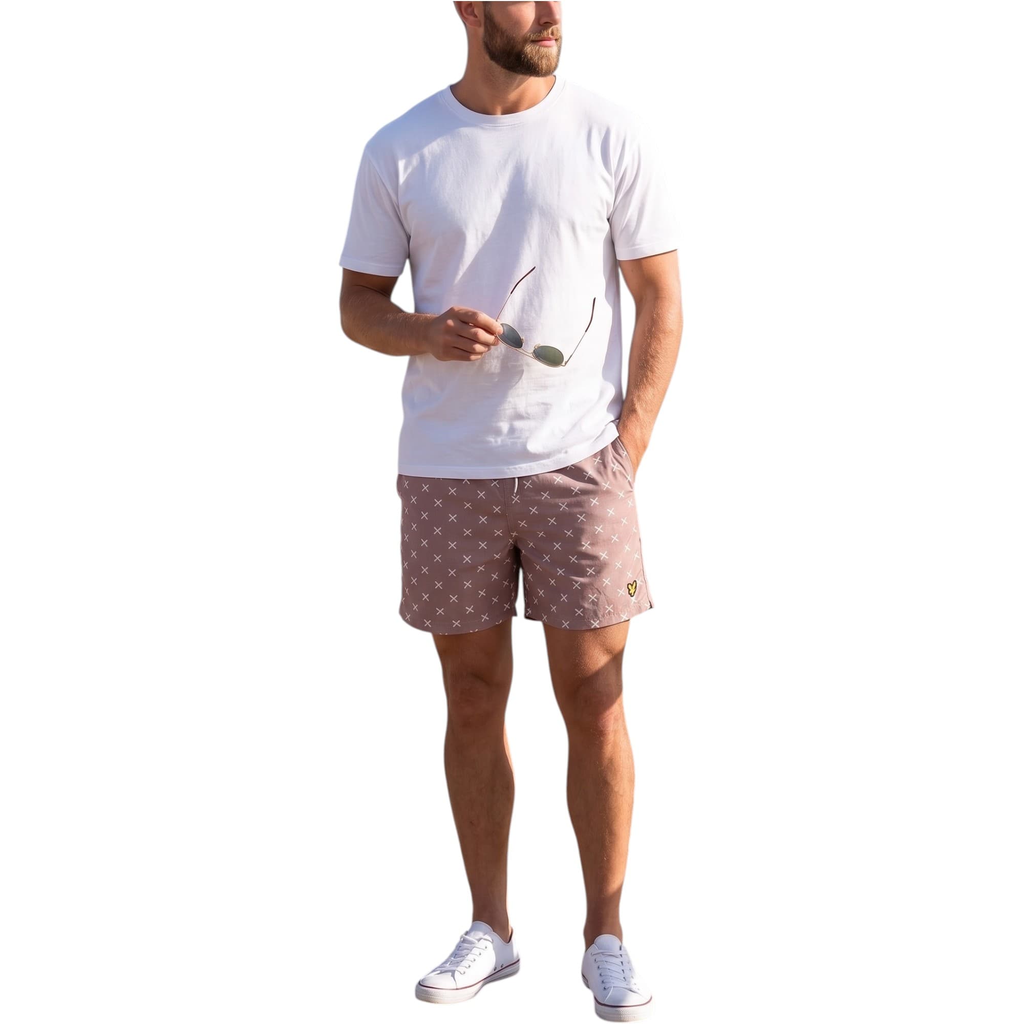 Lyle & Scott peach stripe mens swim shorts front view