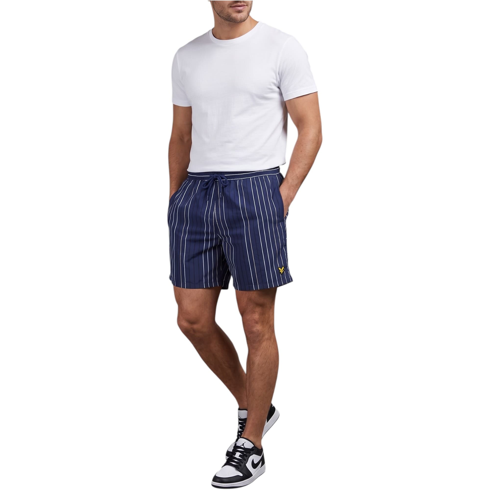 Lyle & Scott men's swim shorts in navy and white stripe pattern, front view