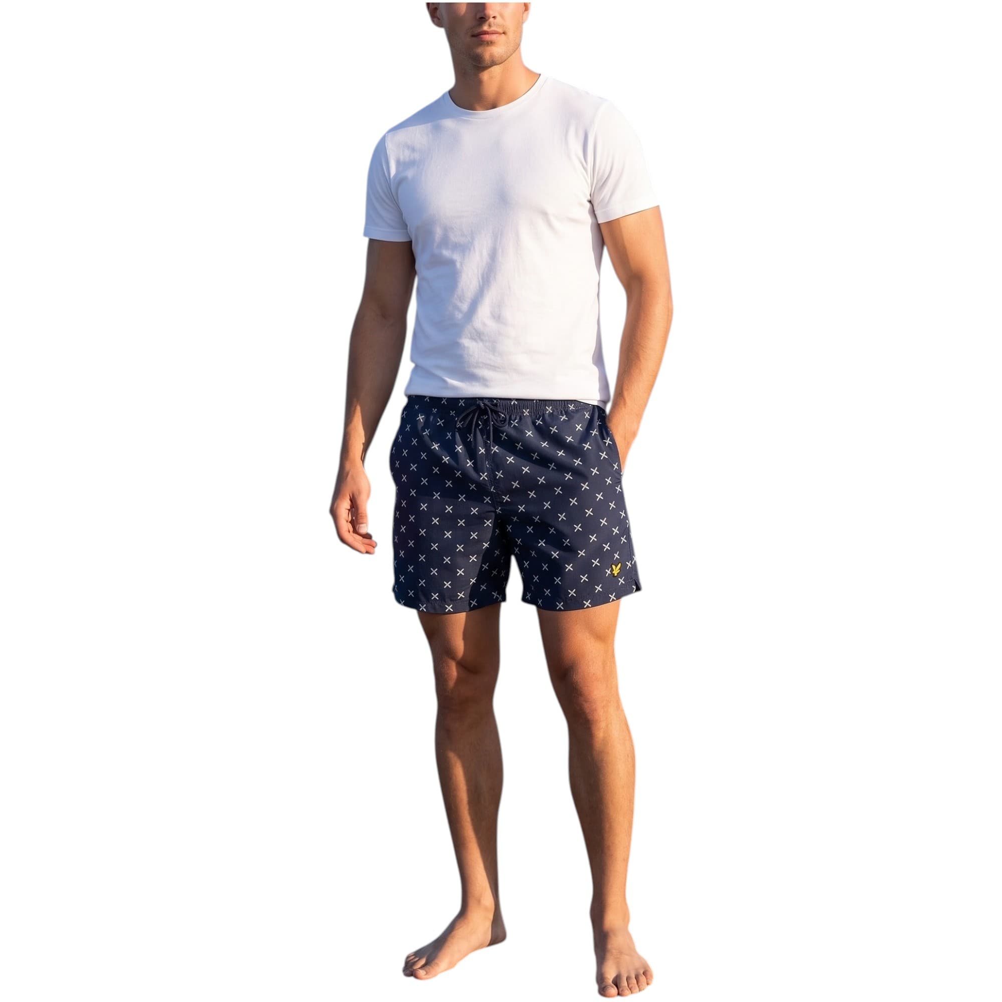 Lyle & Scott mens navy and white stripe swim shorts front view