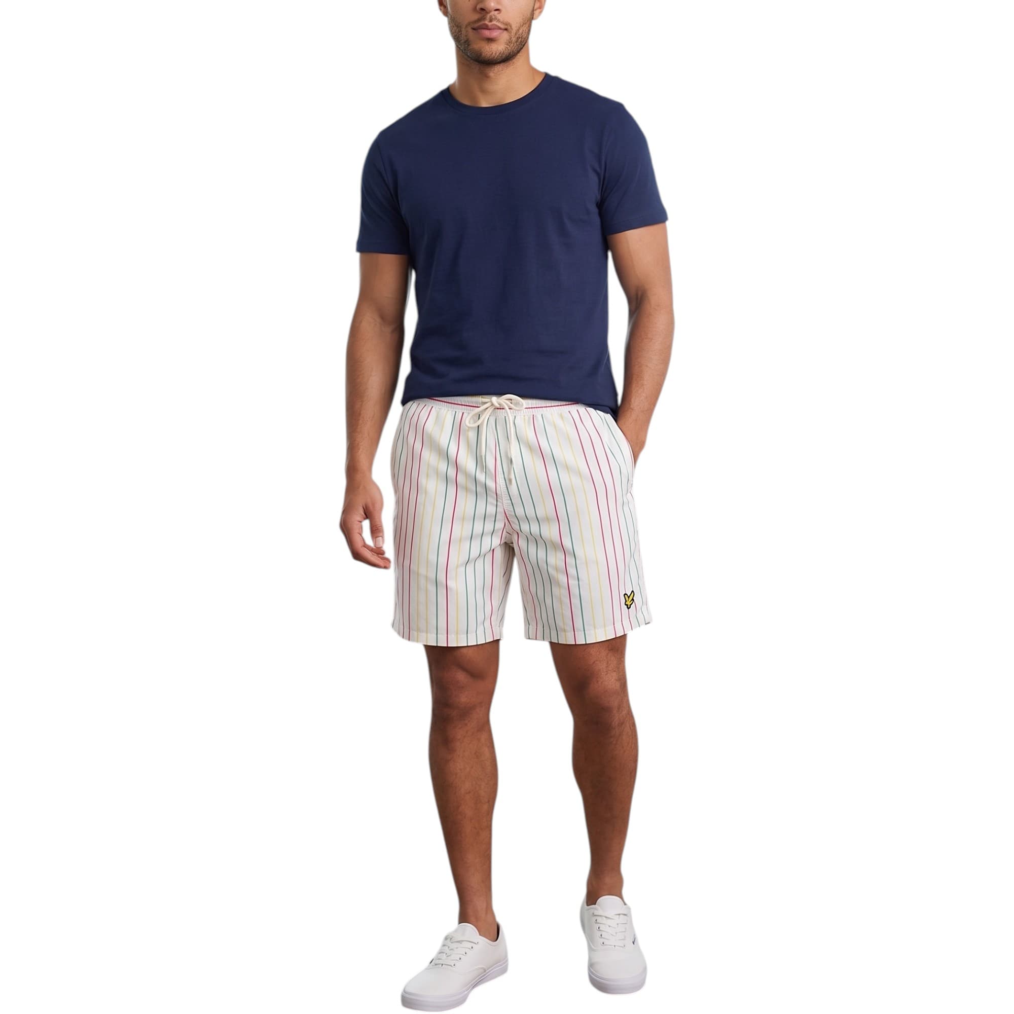 Lyle & Scott men's swim shorts in white and navy stripe, front view