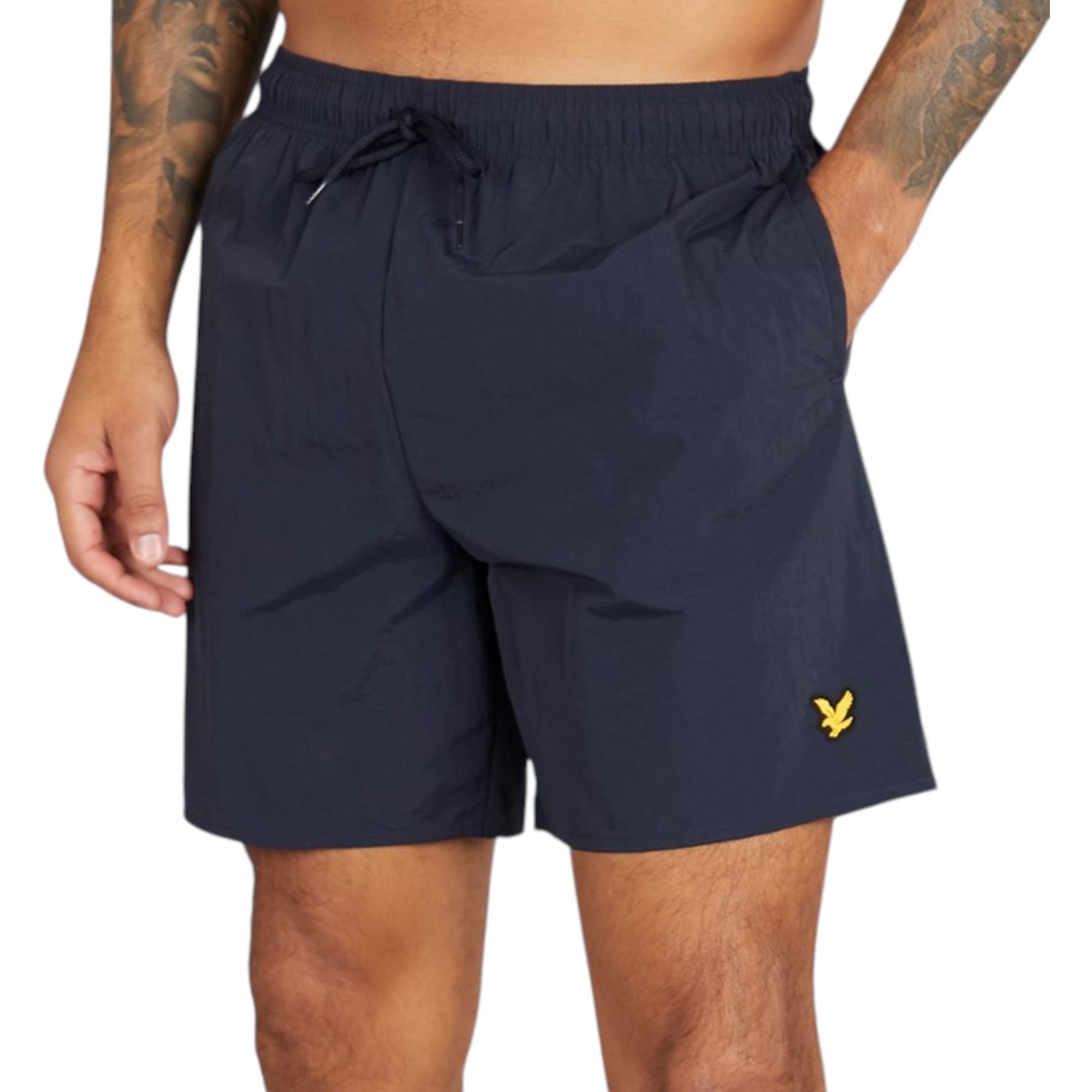 Lyle & Scott navy swim shorts front view with rubberised logo