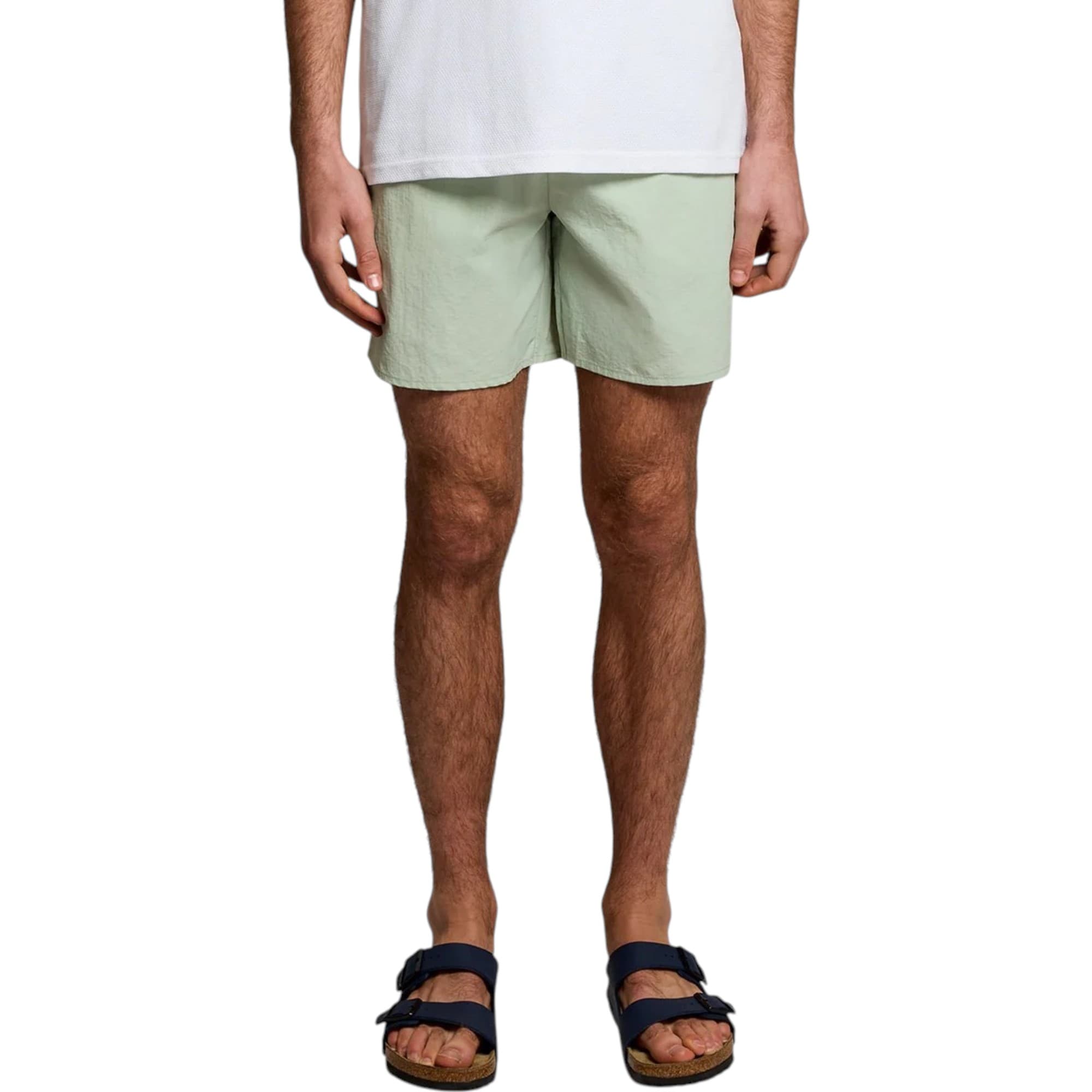 Lyle & Scott sage swim shorts front view with rubberised logo