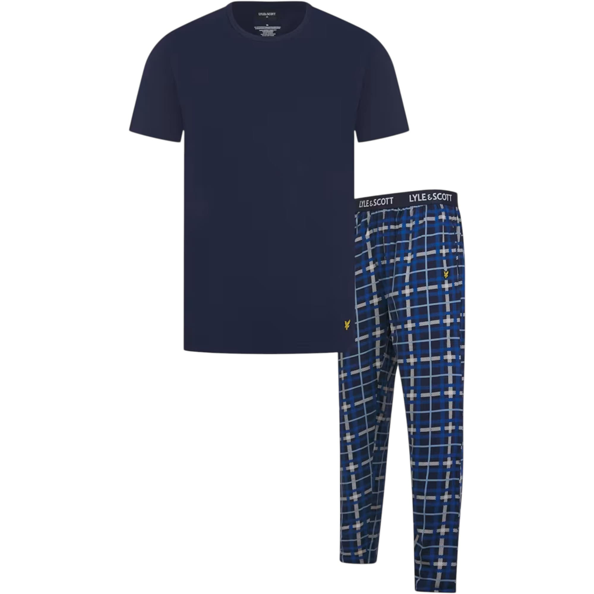 Lyle & Scott dark navy cotton pyjamas set front view with short sleeves and Golden Eagle embroidery