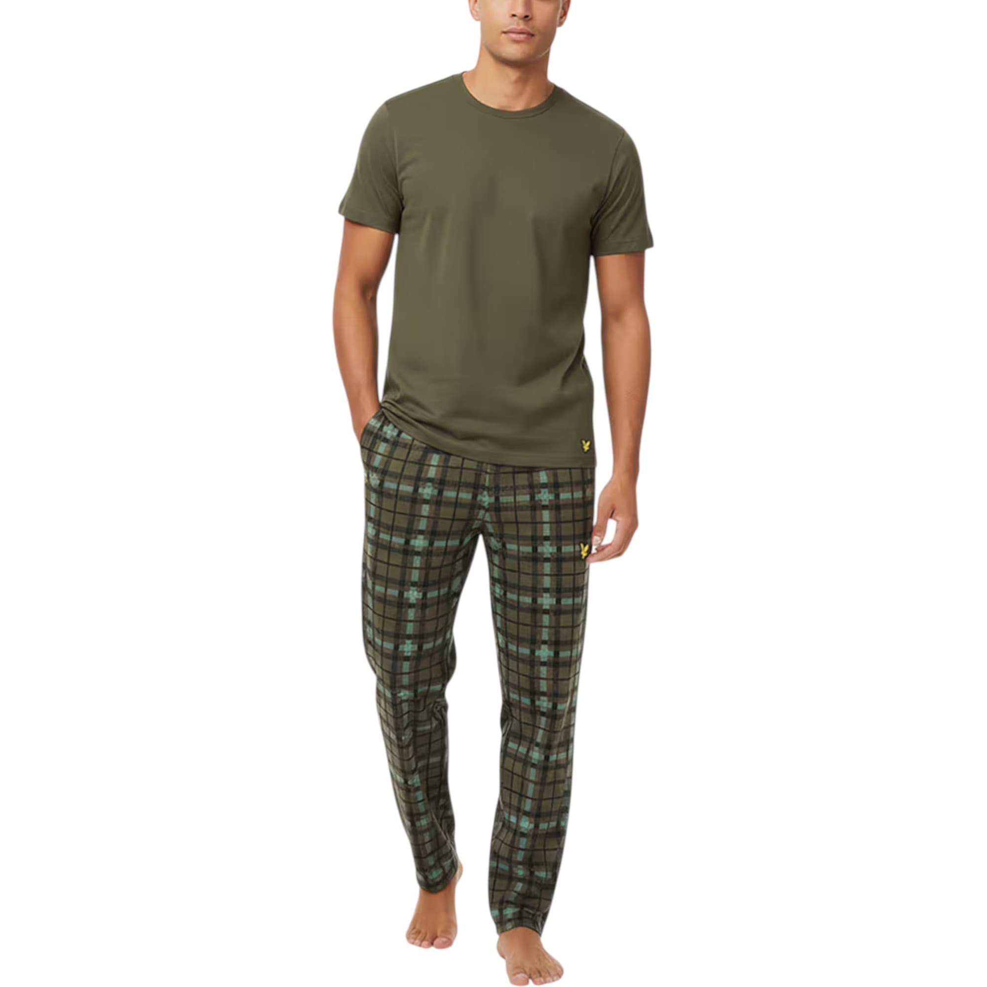 Lyle & Scott olive green short-sleeve pyjamas top with Golden Eagle embroidery, front view