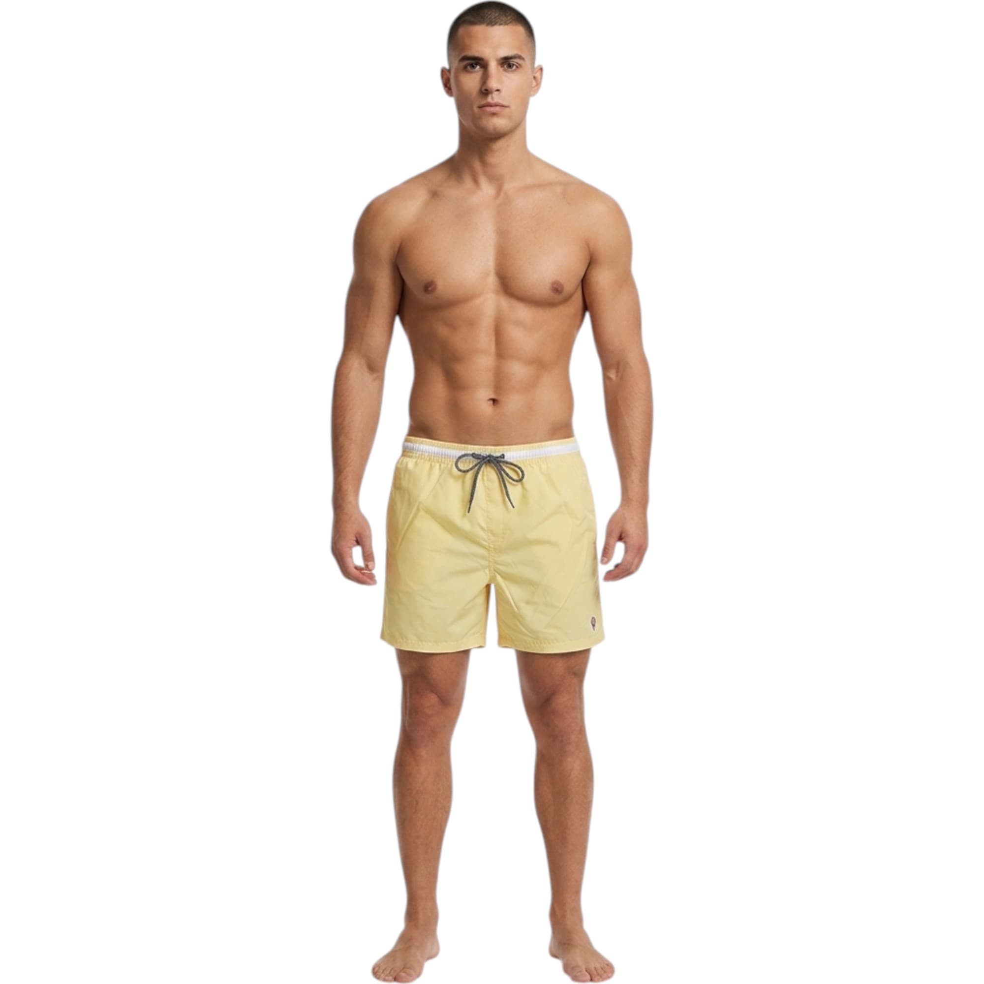 MATALAN men's yellow quick-dry swim shorts with elastic waistband, front view