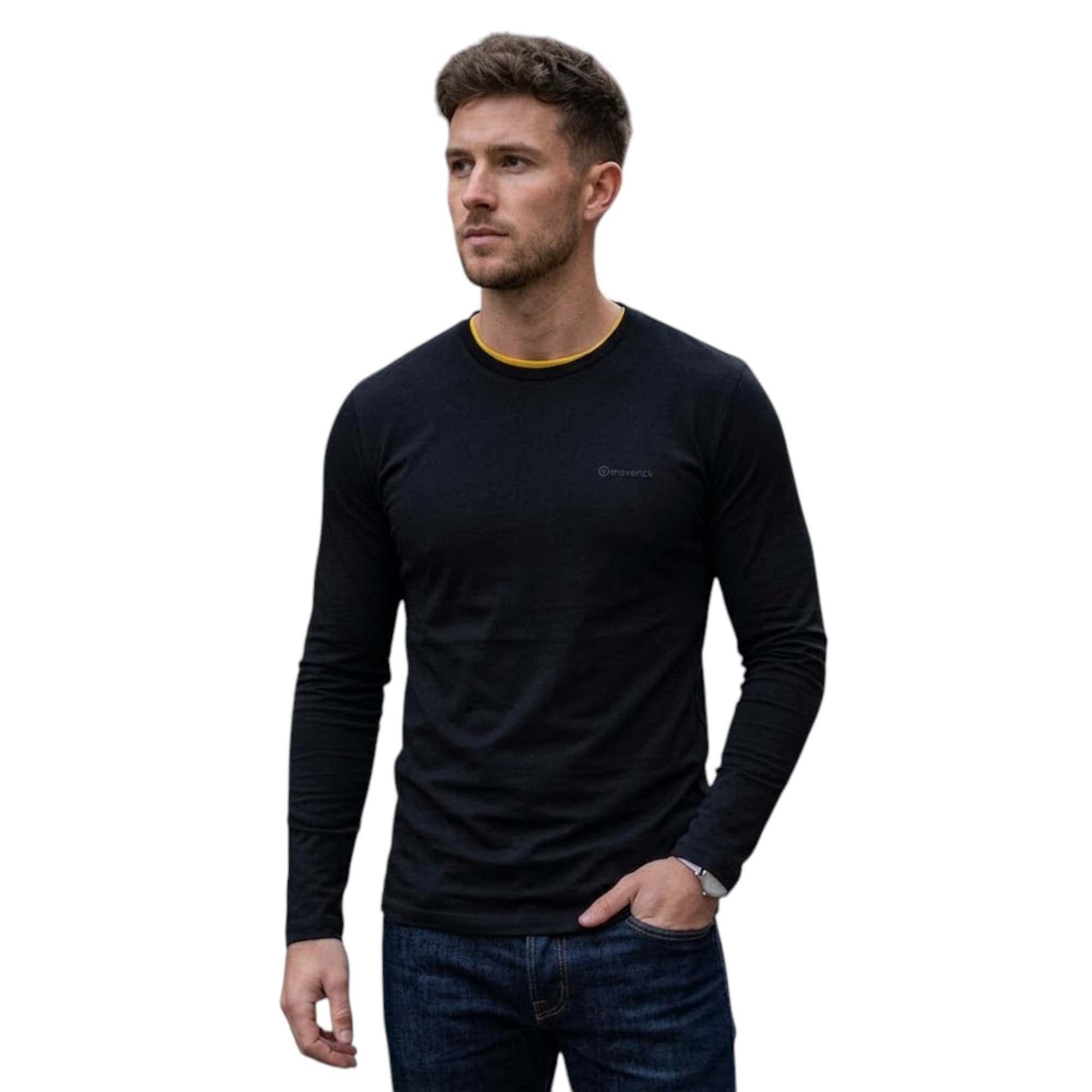 Maverick men's black cotton t-shirt front view with crew neck and long sleeves