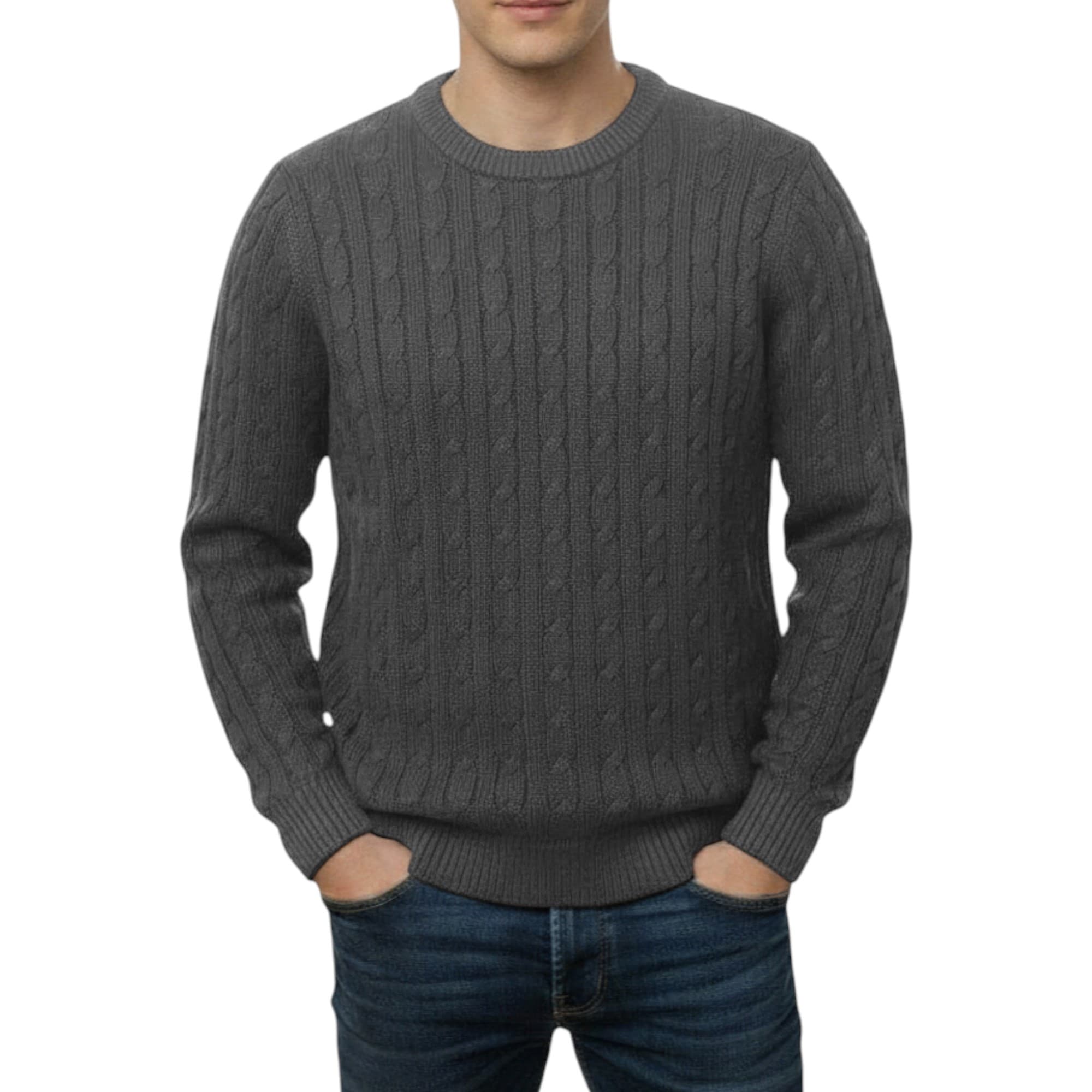 Firetrap men's charcoal cable knit sweatshirt, front view