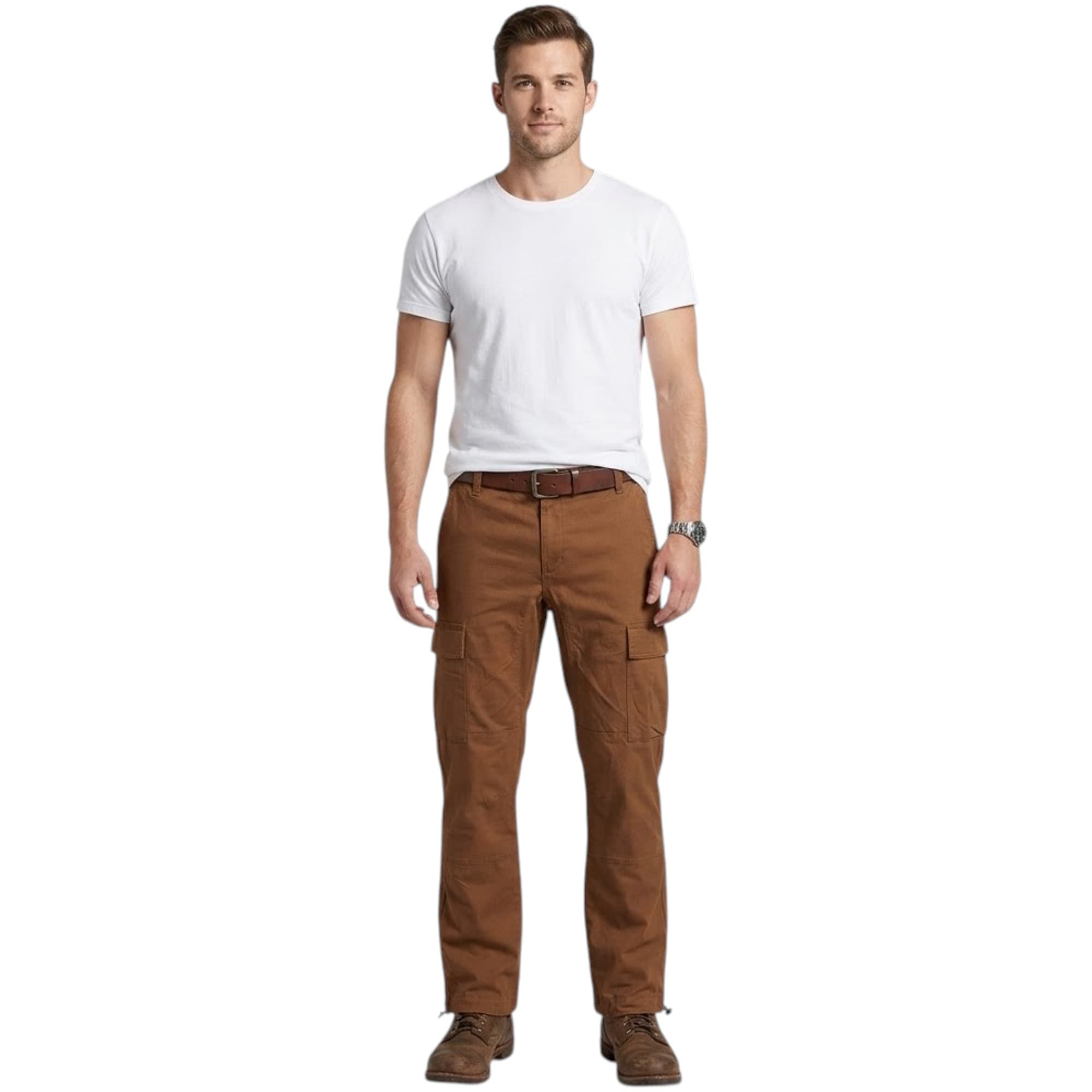 No Boundaries brown cargo trousers front view, straight fit