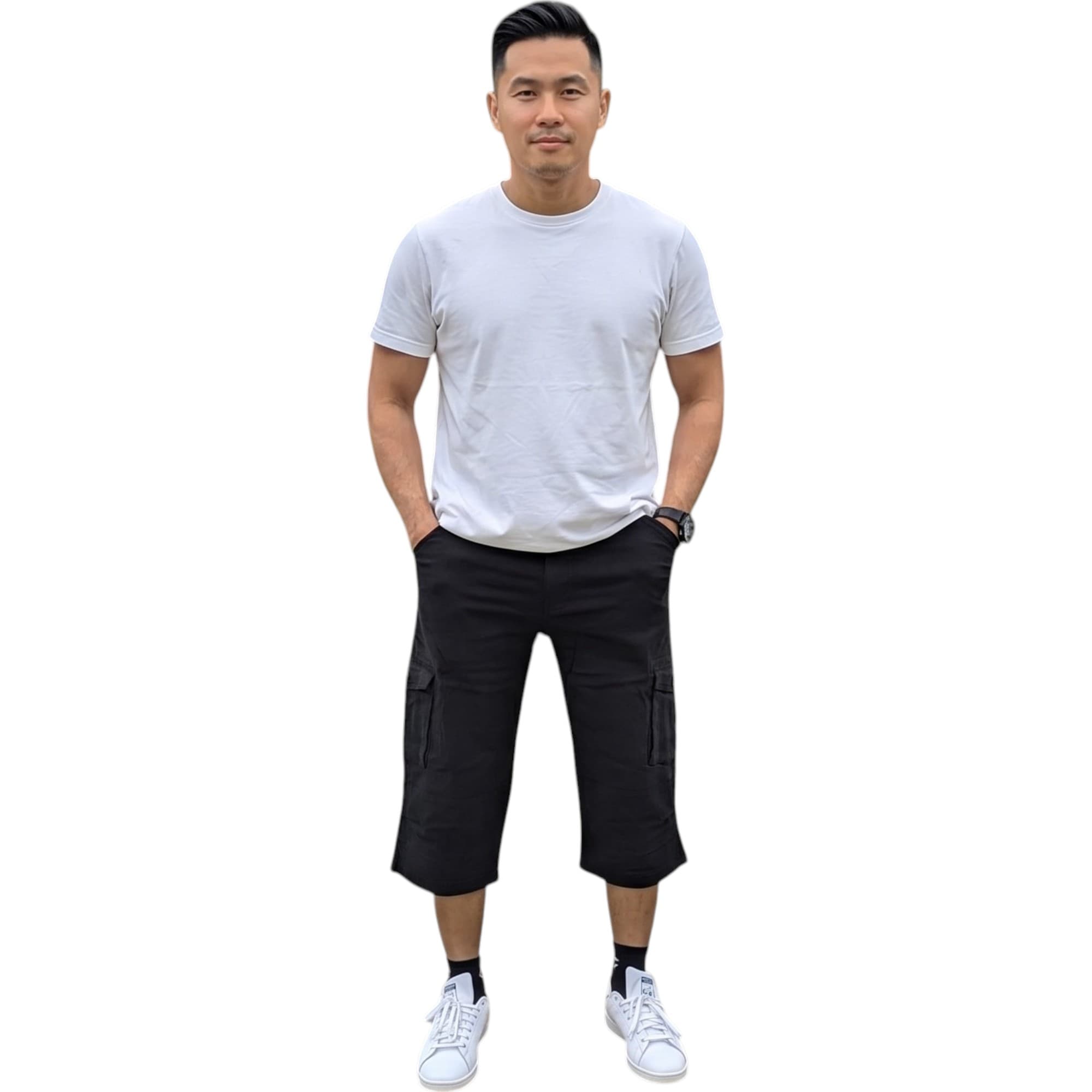 Cargo men's black cargo shorts front view, relaxed fit with multiple pockets