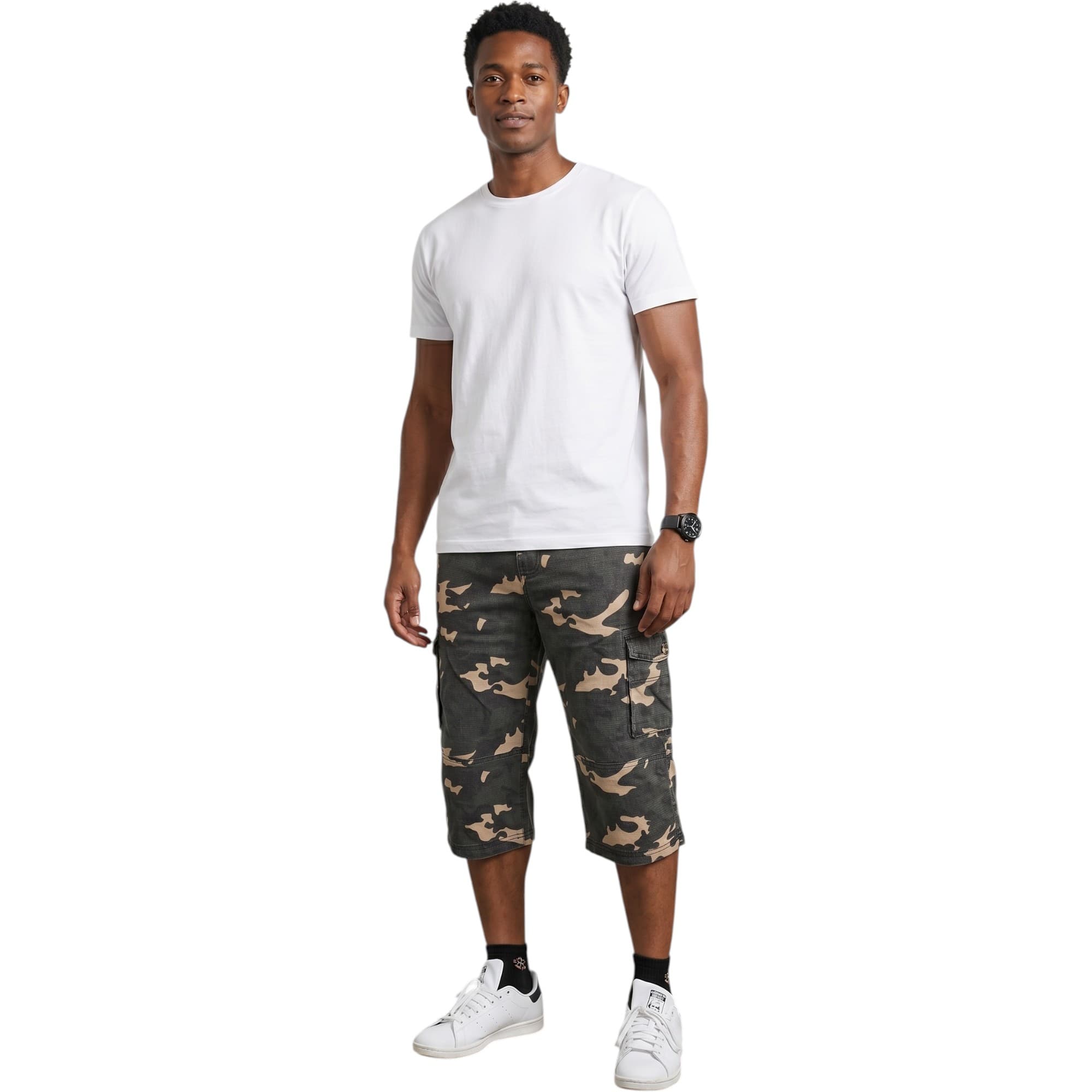 Cargo mens dark olive cargo shorts front view, regular relaxed fit