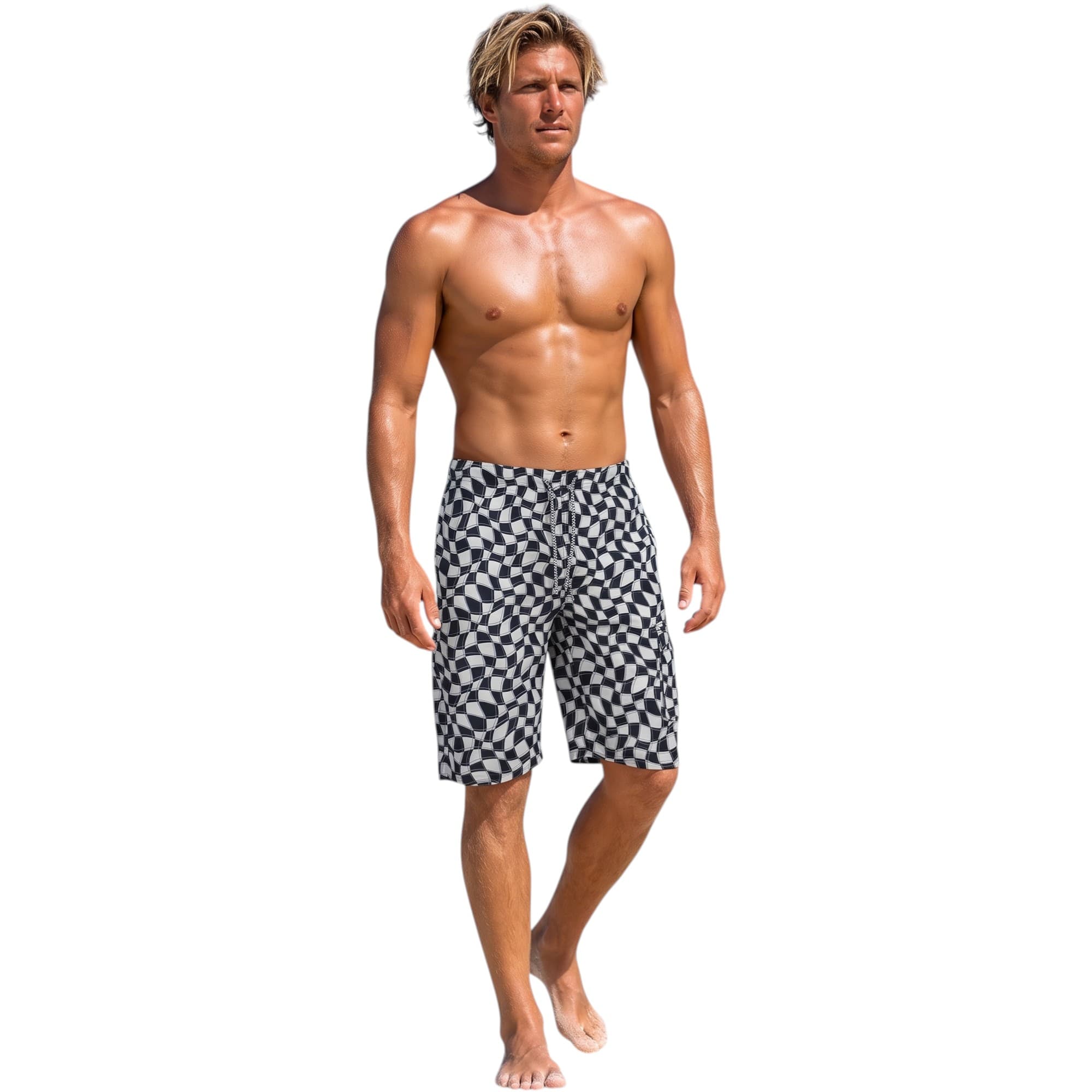 Bottom Up men's cargo swim shorts in black and white chess pattern, front view