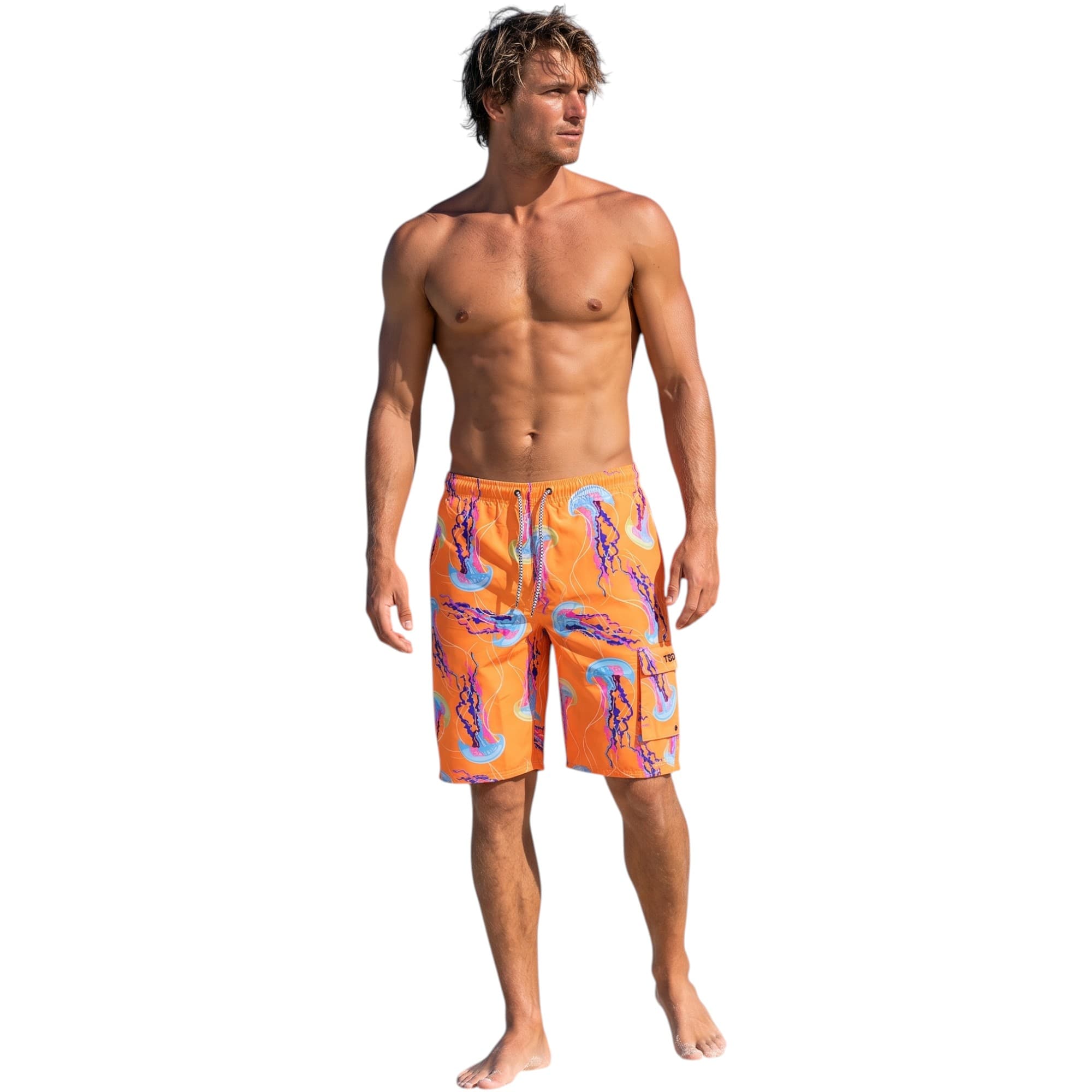 Bottom Up orange cargo swim shorts front view with elasticated waistband