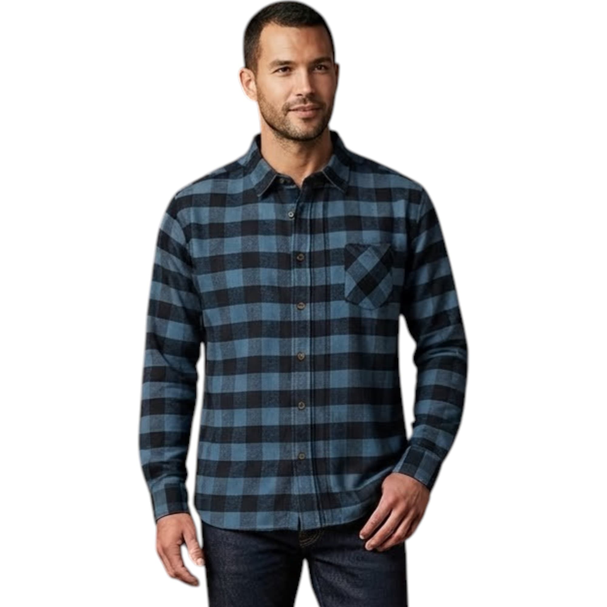 Springfield men's black and blue check shirt, front view