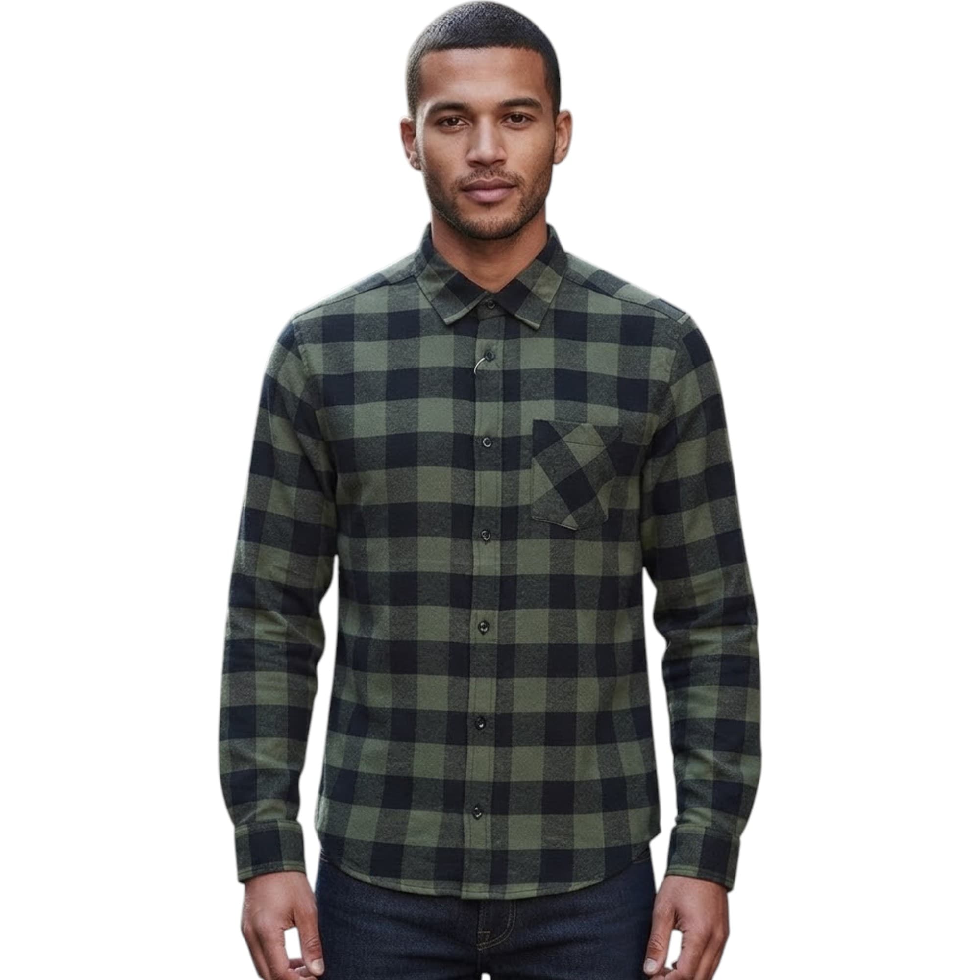 Springfield men's green and black check cotton shirt front view