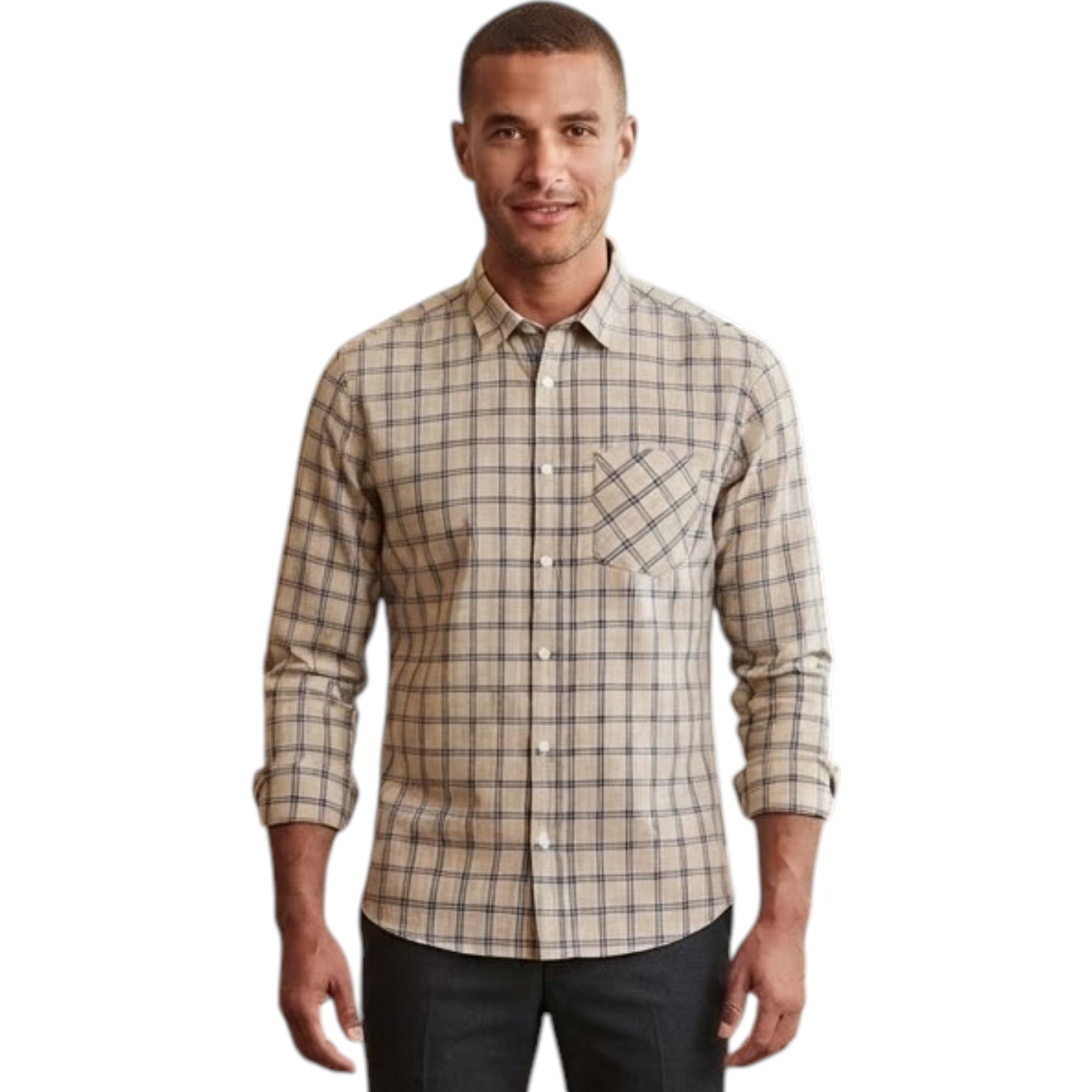 Springfield men's regular fit black and white check shirt on beige, front view