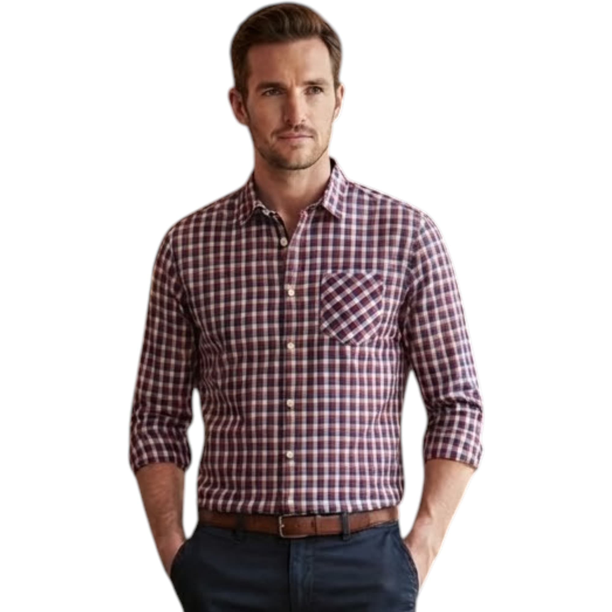 Springfield men's red, blue and white check shirt regular fit front view