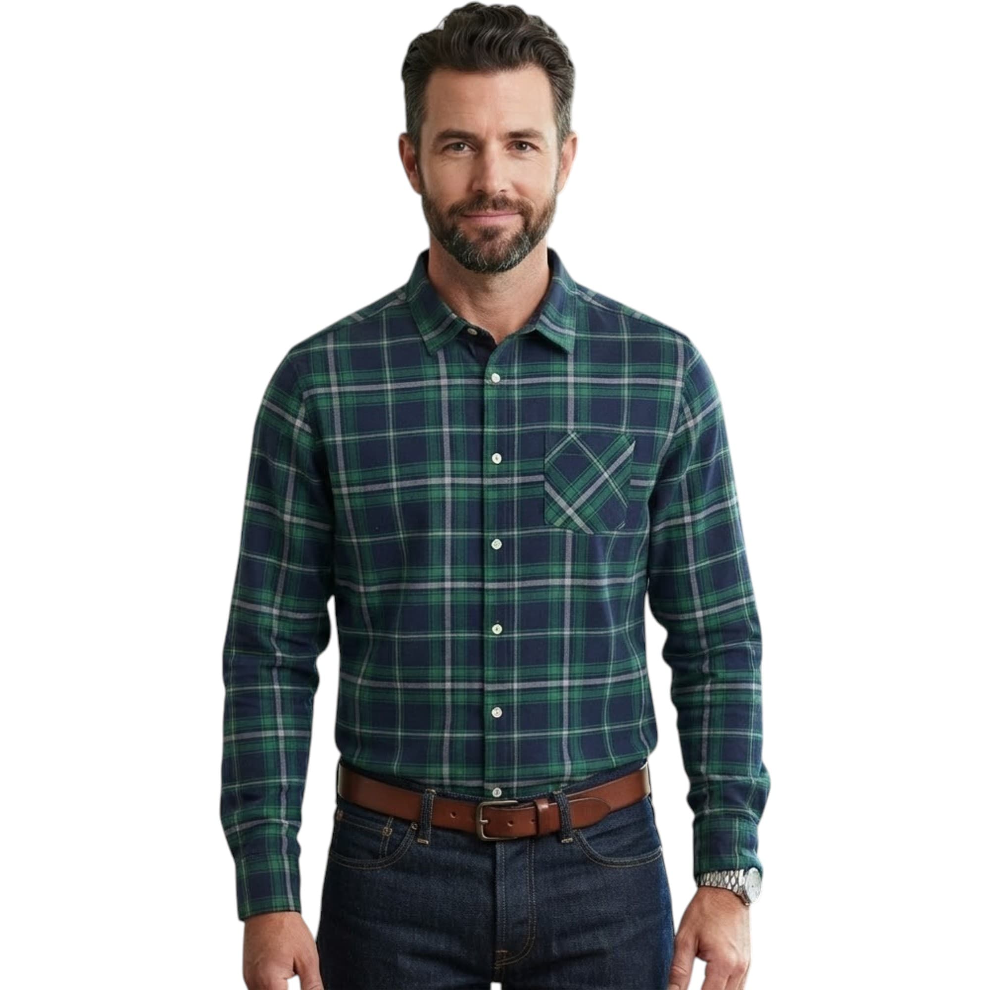 Springfield men's green and black check shirt, front view, regular fit