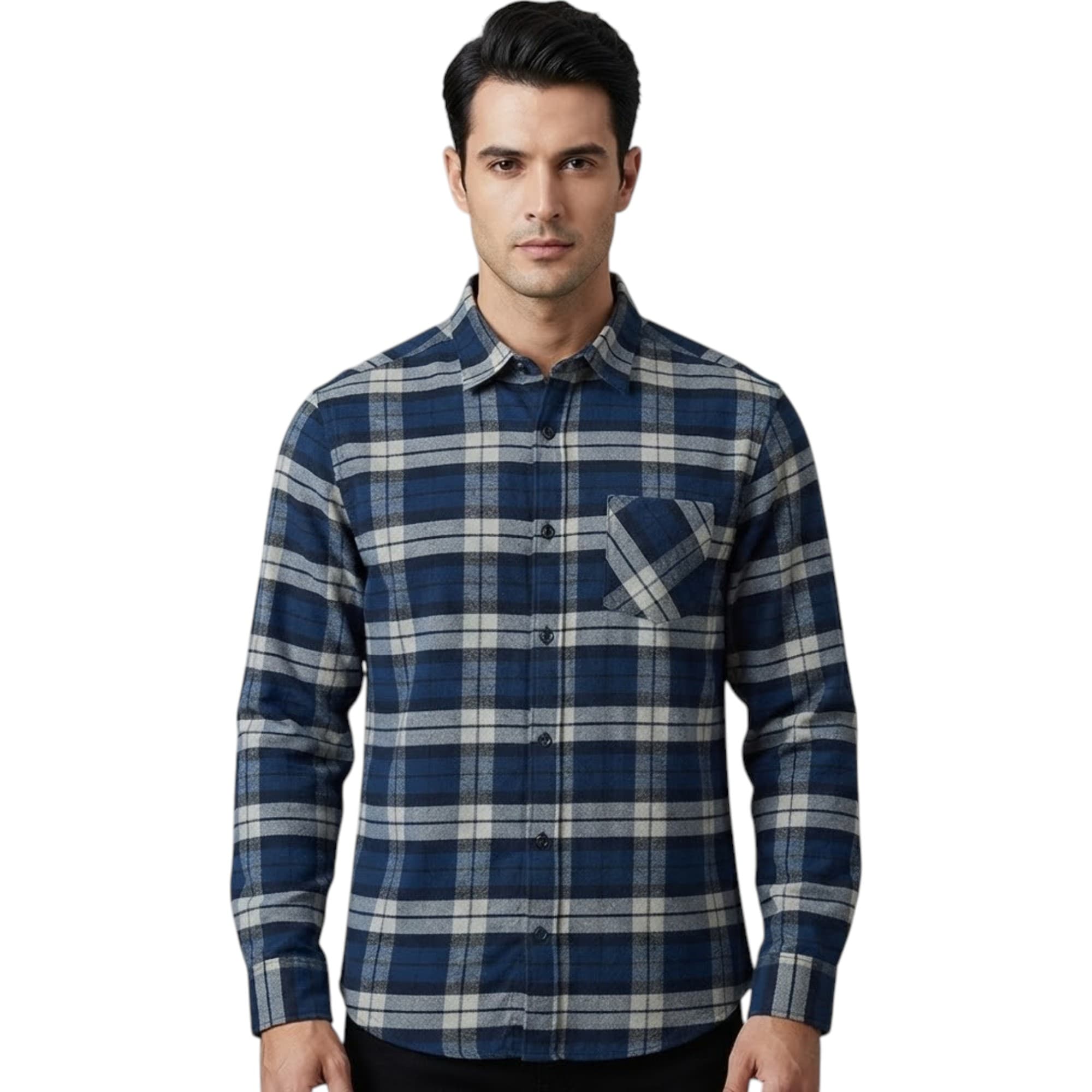 Springfield men's regular fit check shirt in black and blue, front view