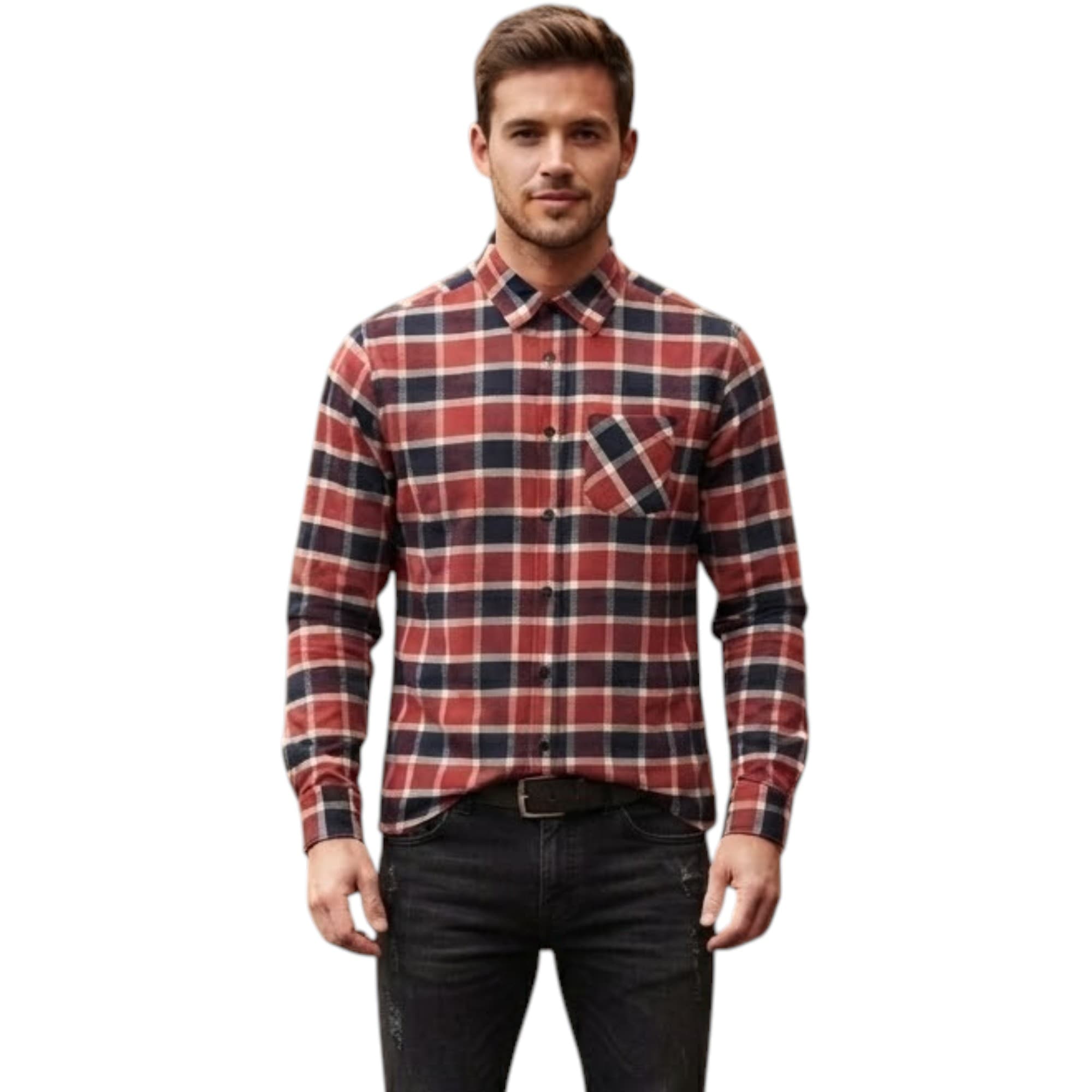 Springfield men's red and black check shirt front view, regular fit
