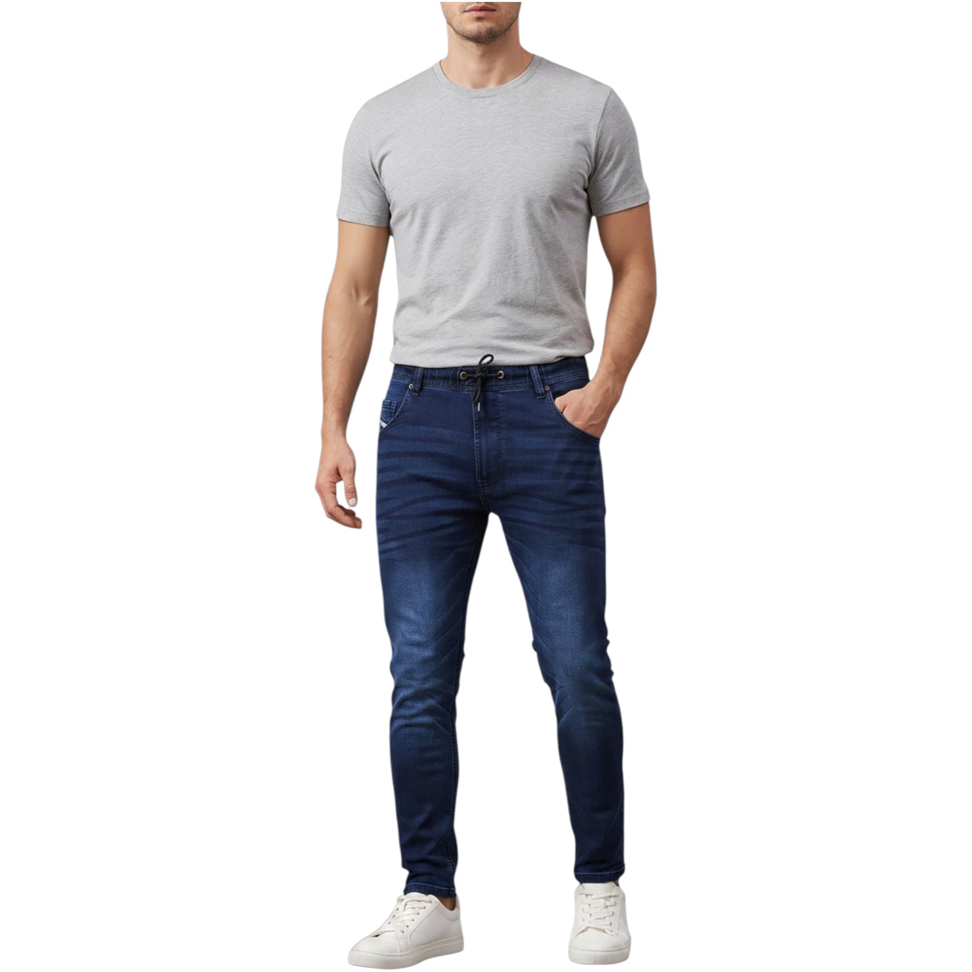 OffKey men's dark blue slim fit denim jogg jeans, front view