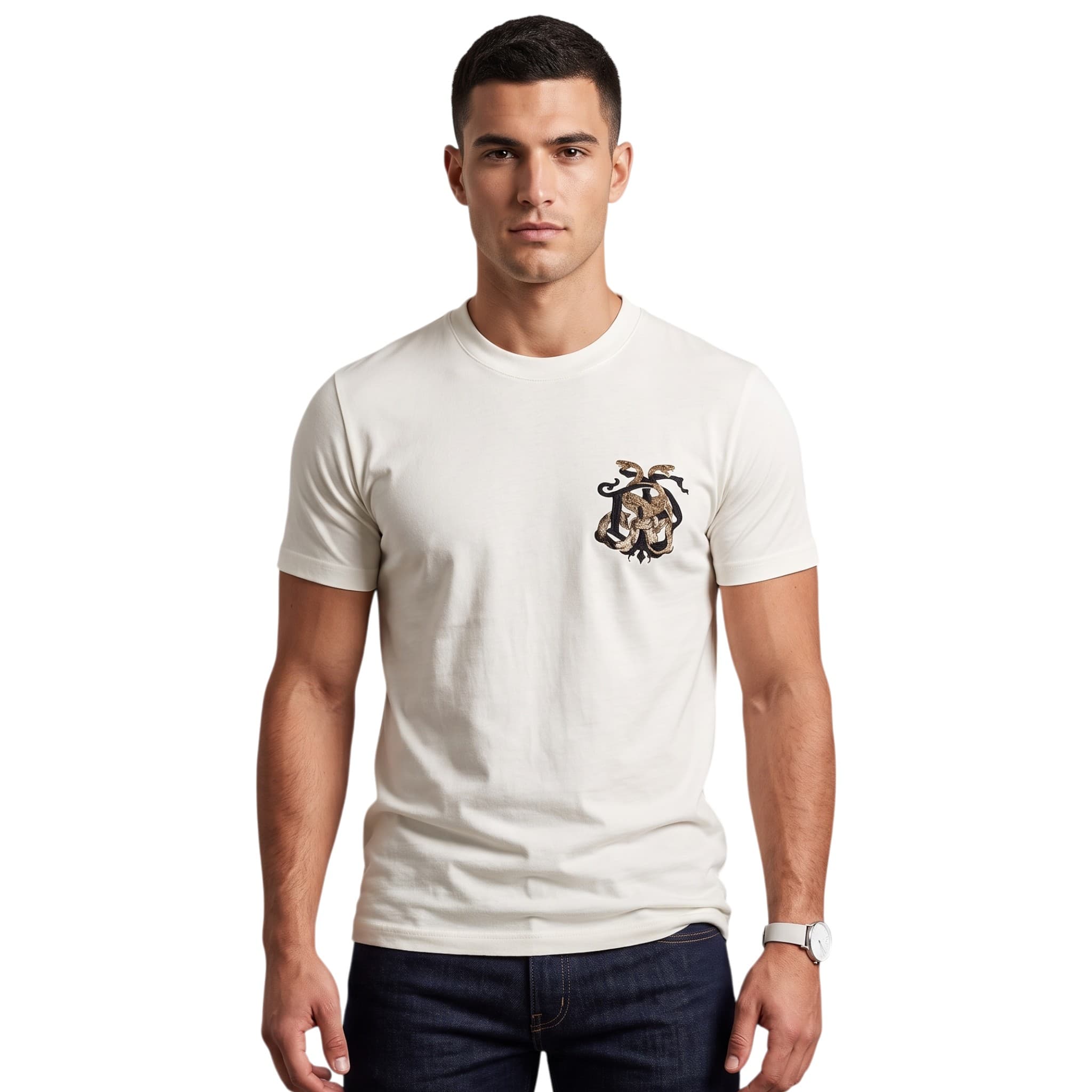 FAIRDIM white cotton men's t-shirt front view with chest logo print