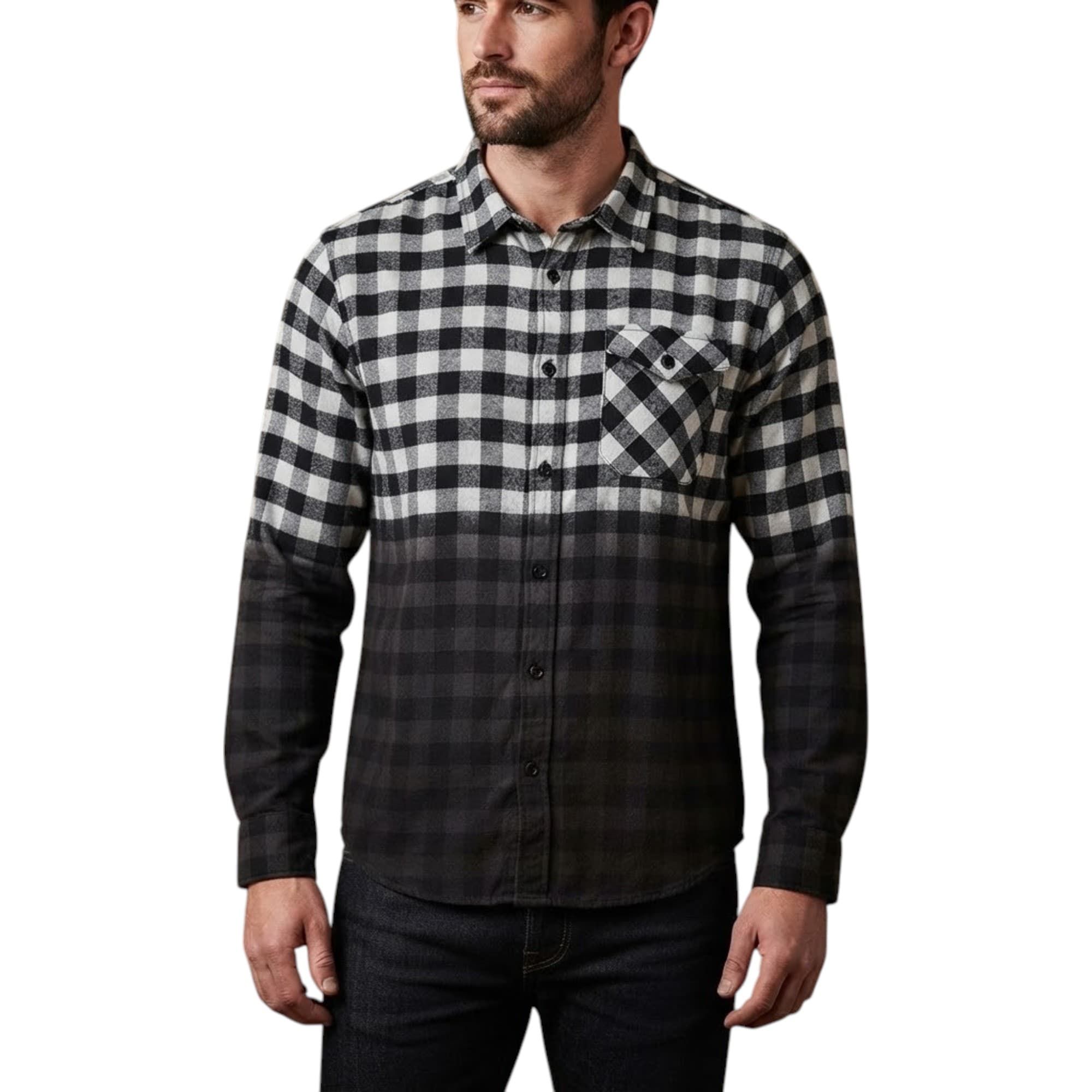 Sovereign State men's black and white flannel check shirt, front view