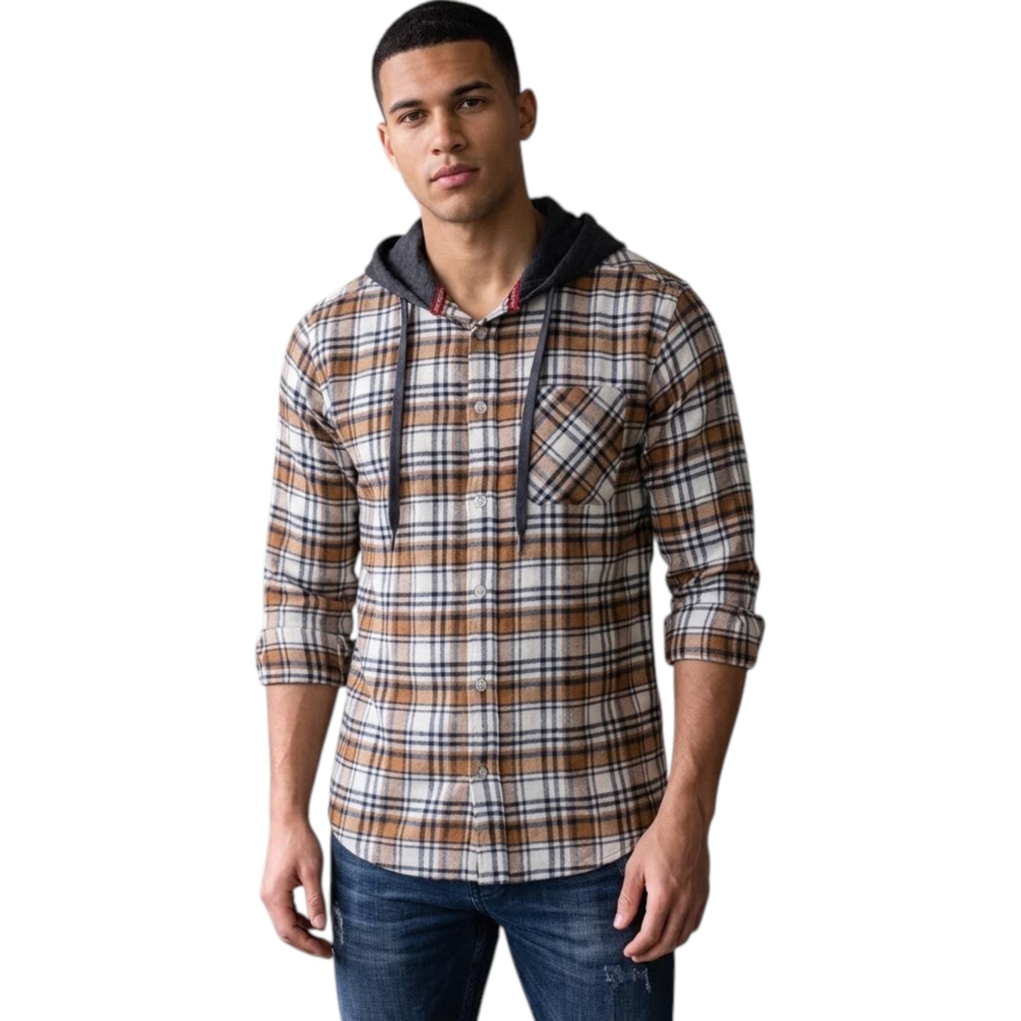 Sovereign State men's brown and white check shirt hoodie, front view