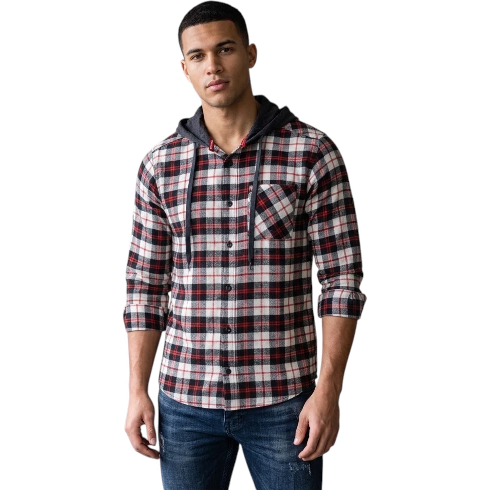 Sovereign State men's white and red check shirt hoodie front view