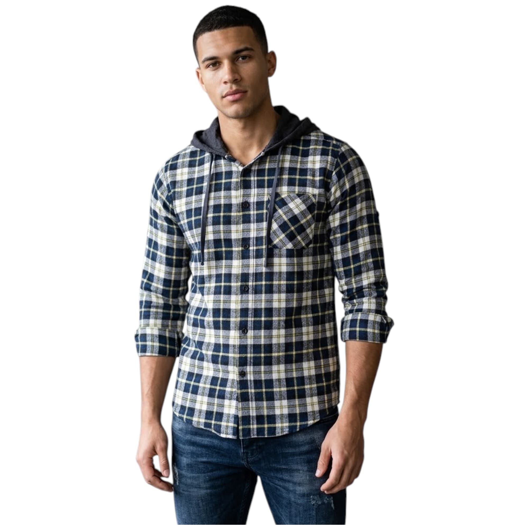 Sovereign State men's yellow and white check shirt hoodie with hood, front view