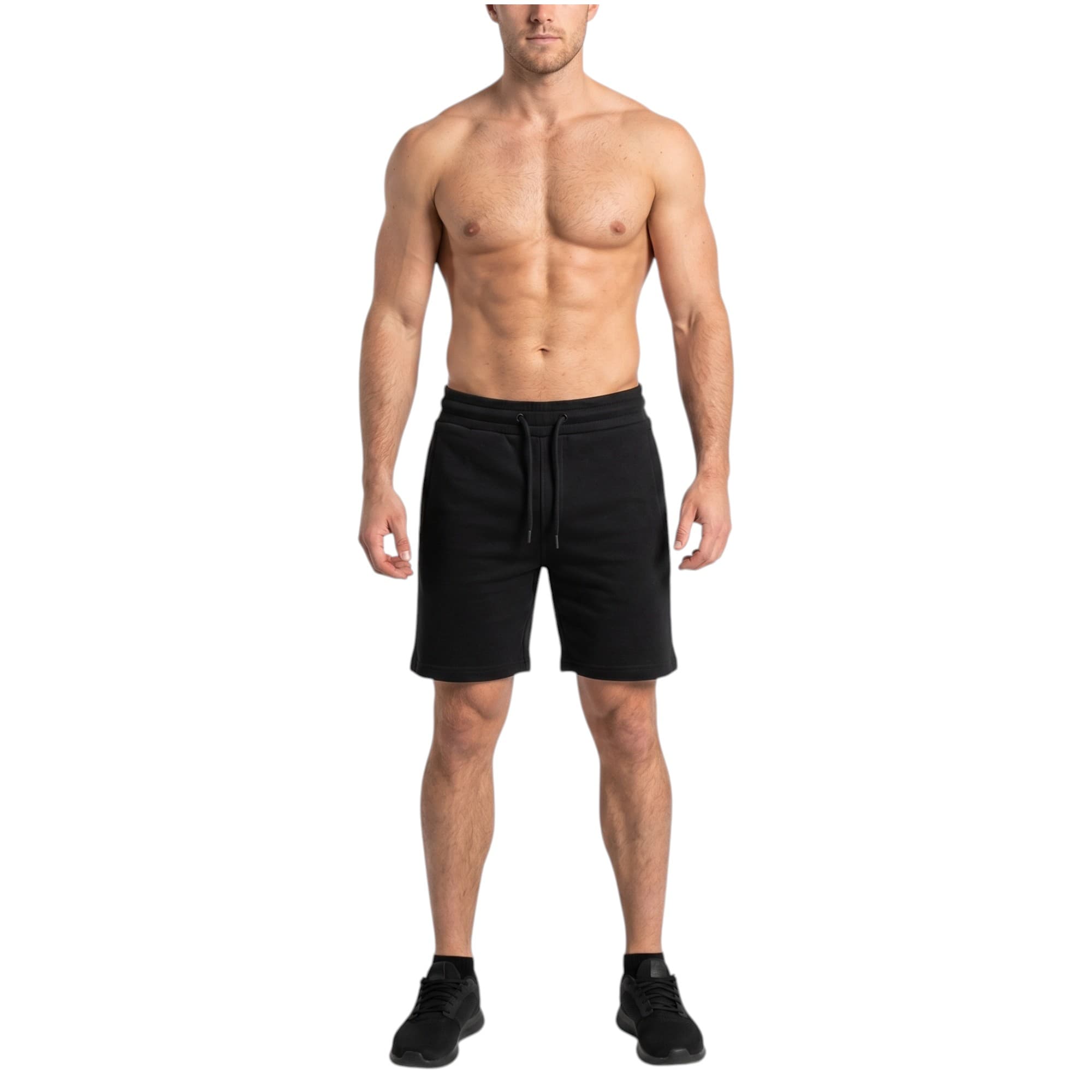 URBAN HERITAGE black men's fleece shorts front view with drawstring and side pockets