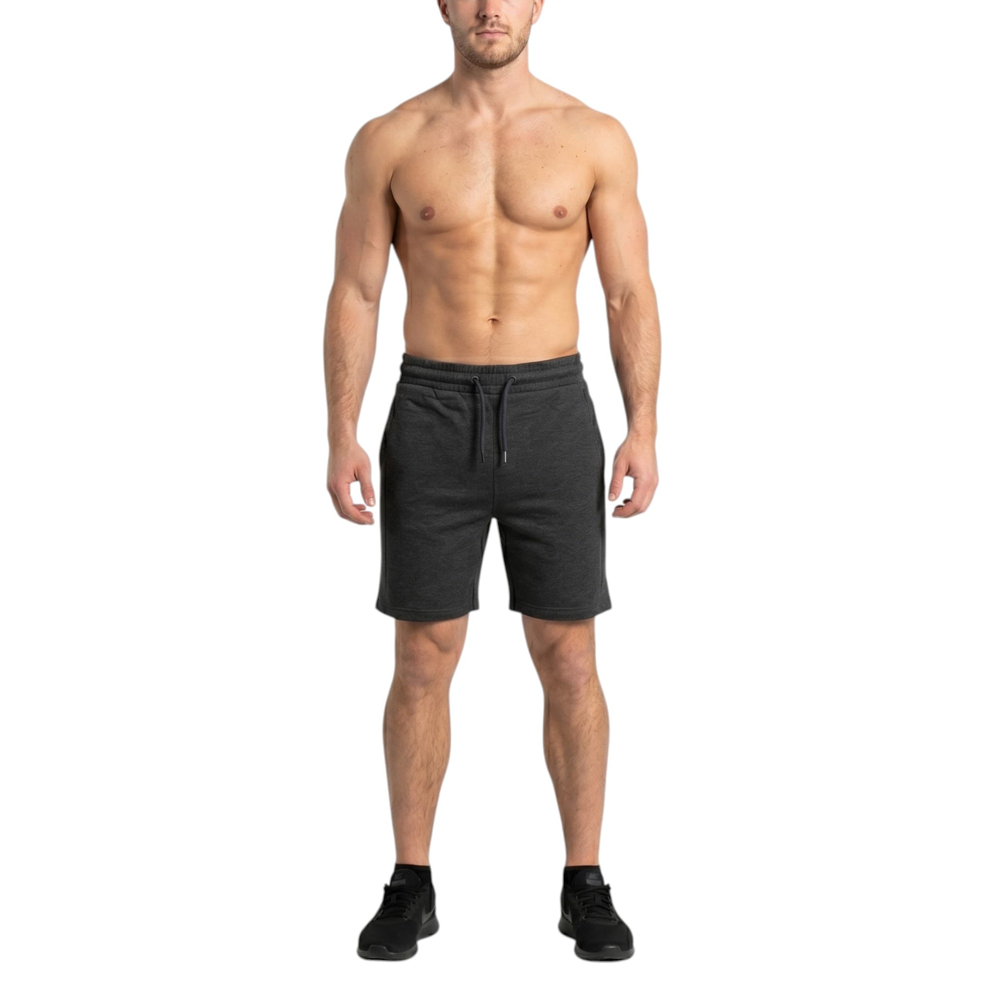 URBAN HERITAGE men's charcoal fleece shorts front view, regular fit with drawstring