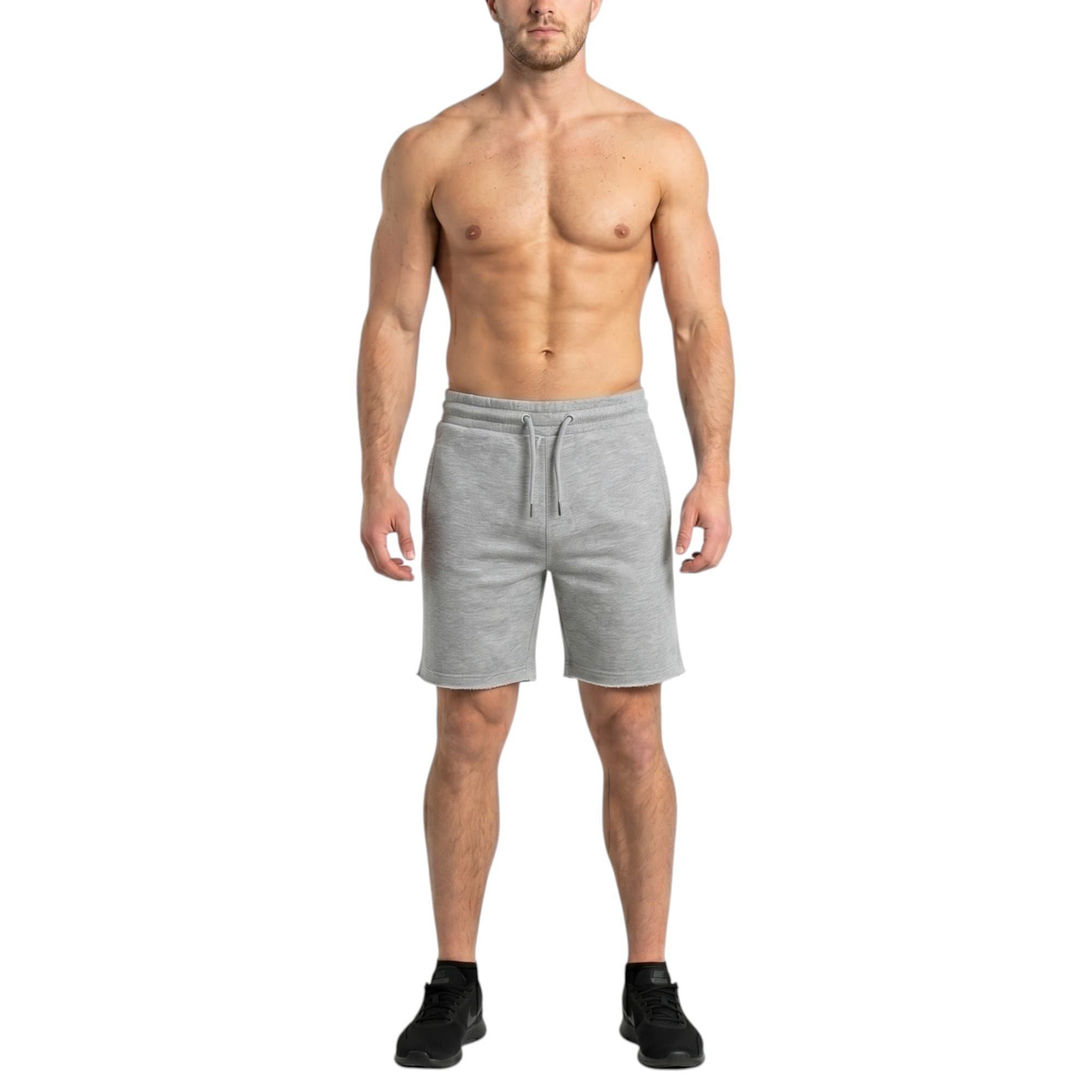 URBAN HERITAGE men's grey fleece shorts front view, regular fit with drawstring waist
