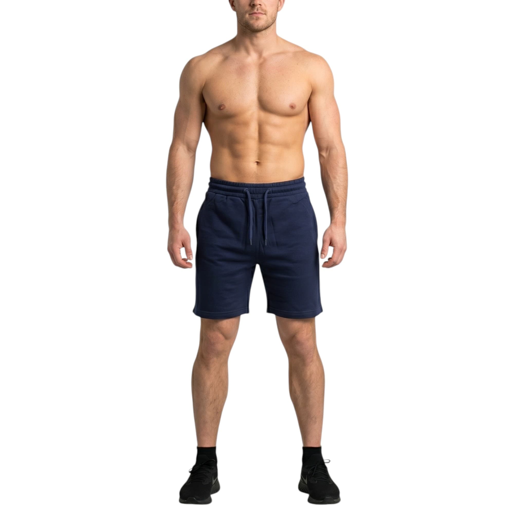 URBAN HERITAGE navy men's fleece shorts front view with drawstring waist