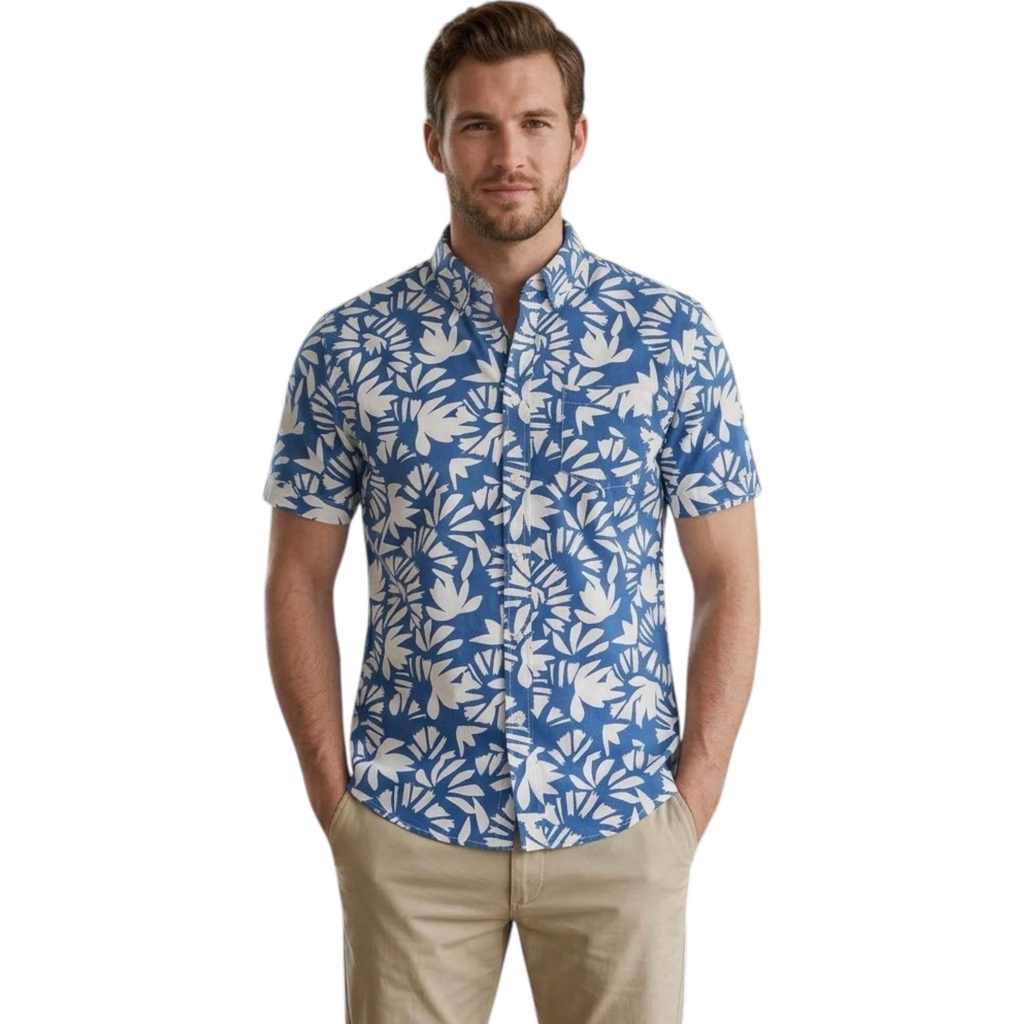 Springfield men's blue and white Hawaiian short sleeve shirt, front view