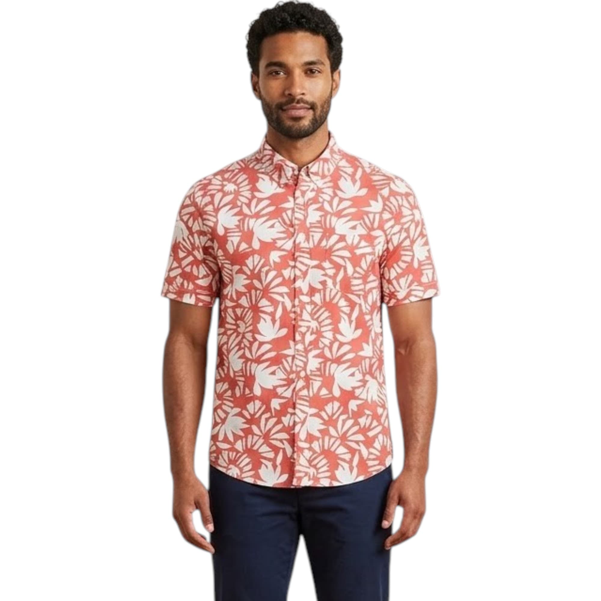Springfield men's white and red Hawaiian short sleeve shirt, front view
