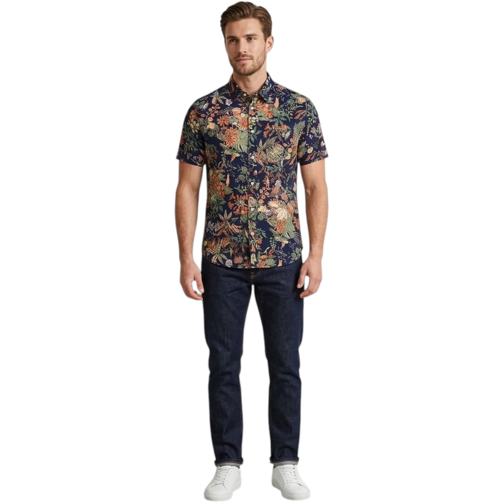 Springfield men's black and orange Hawaiian floral printed shirt front view