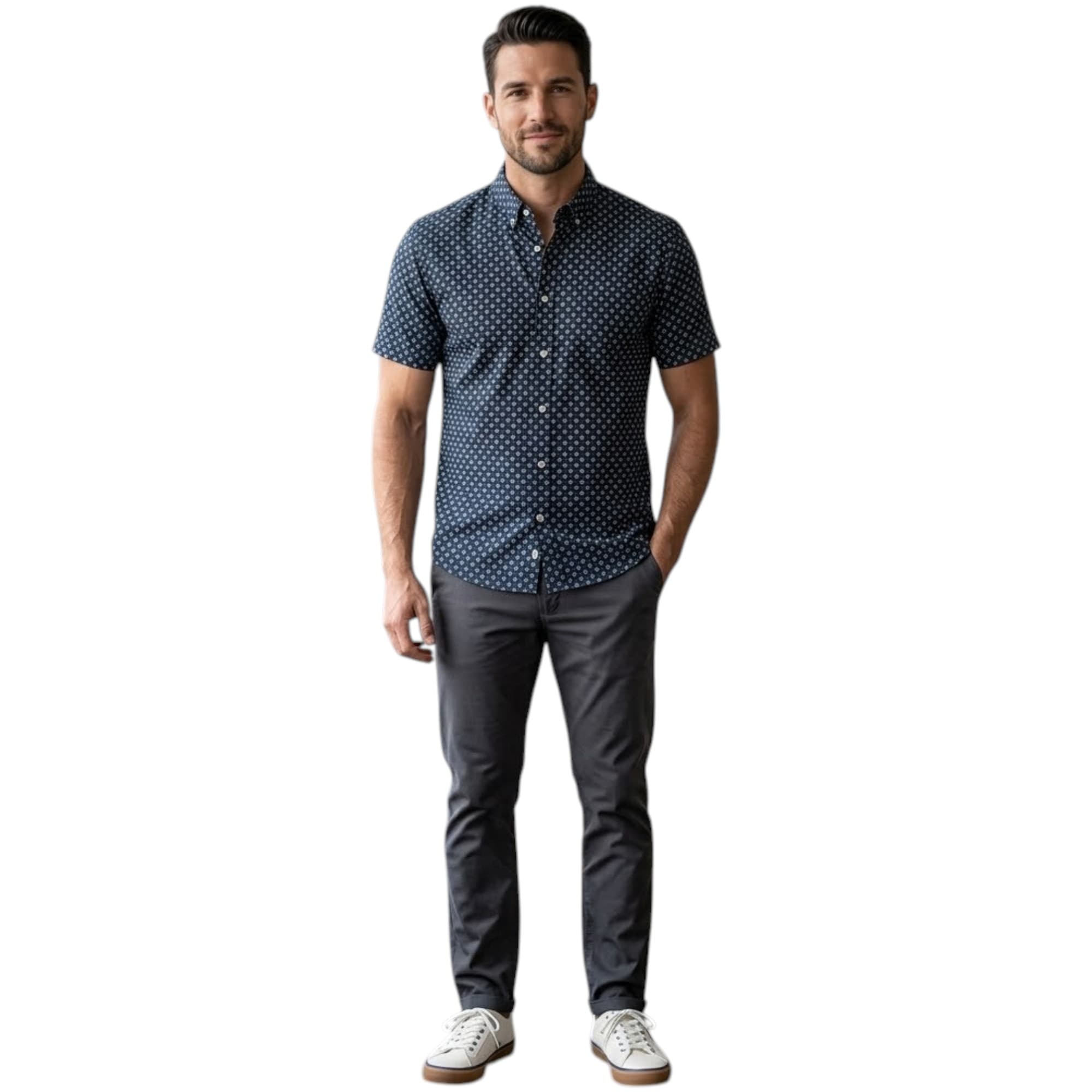 Springfield men's black and white Hawaiian floral printed short-sleeve shirt, front view