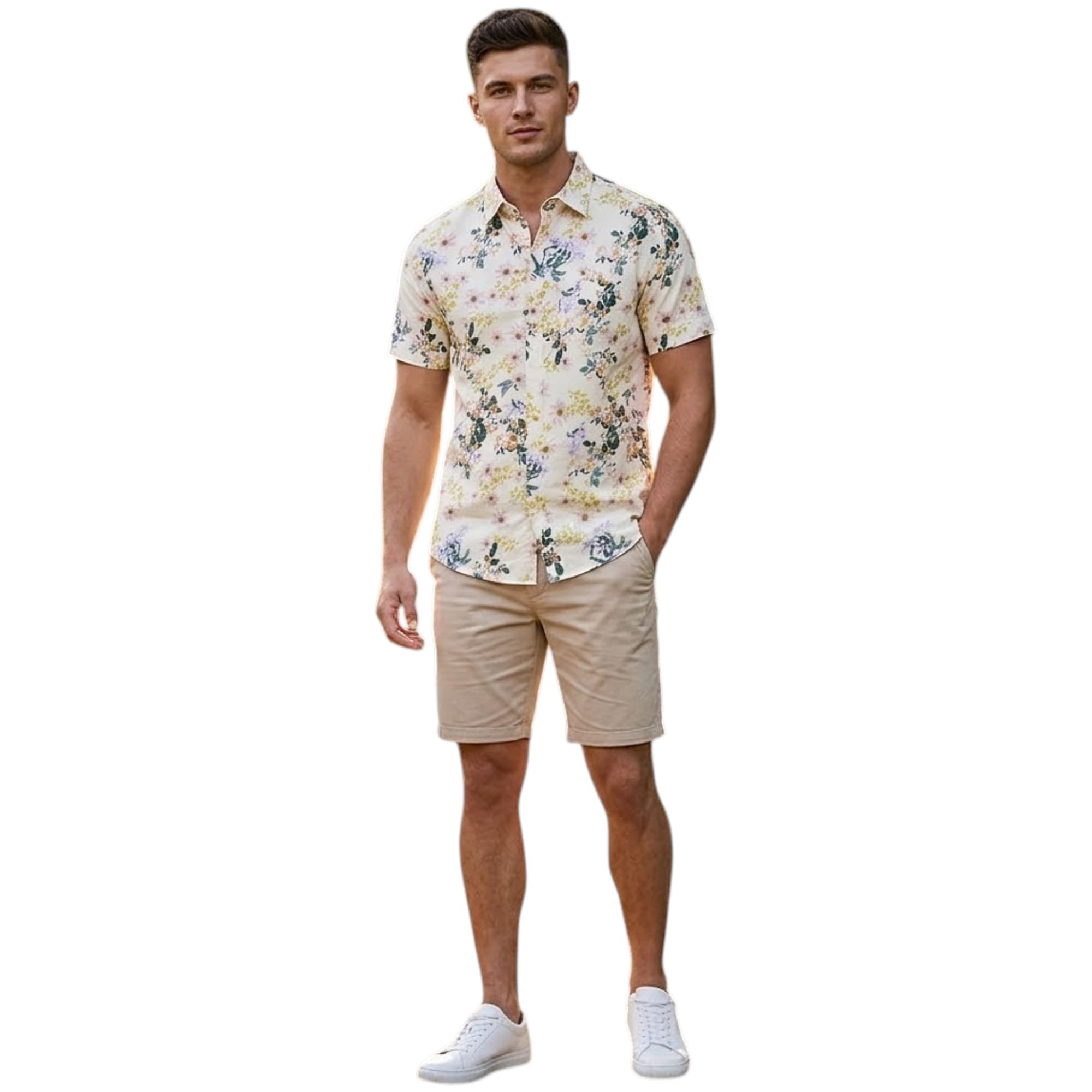 Springfield men's Hawaiian floral printed shirt in off-white with purple and yellow design, front view