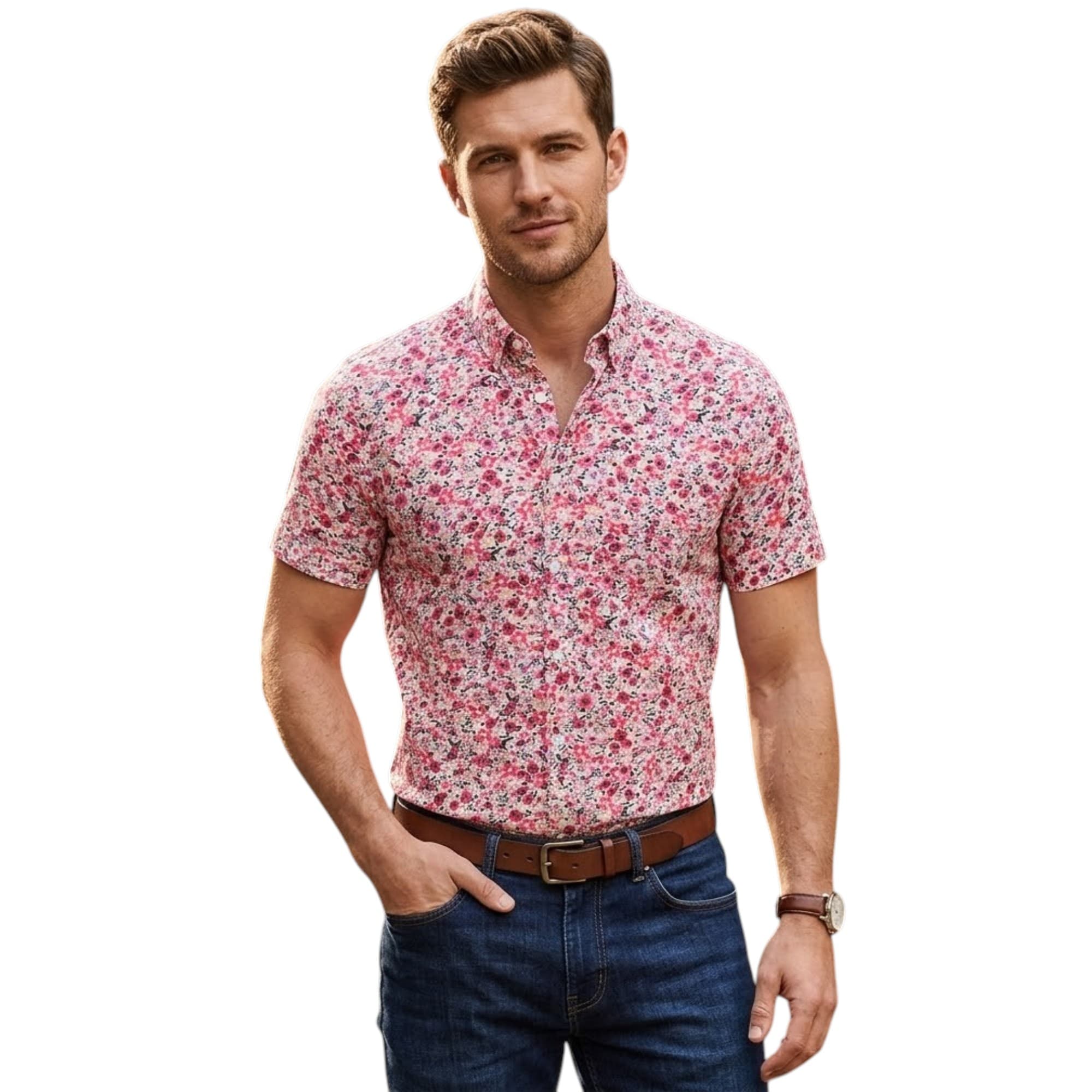 Springfield men's red and pink Hawaiian floral printed viscose shirt front view
