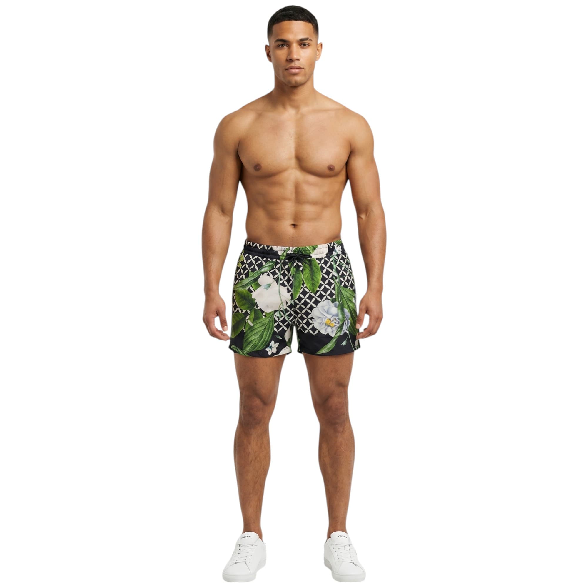 Reason men's green and white allover print Hawaiian shorts, front view