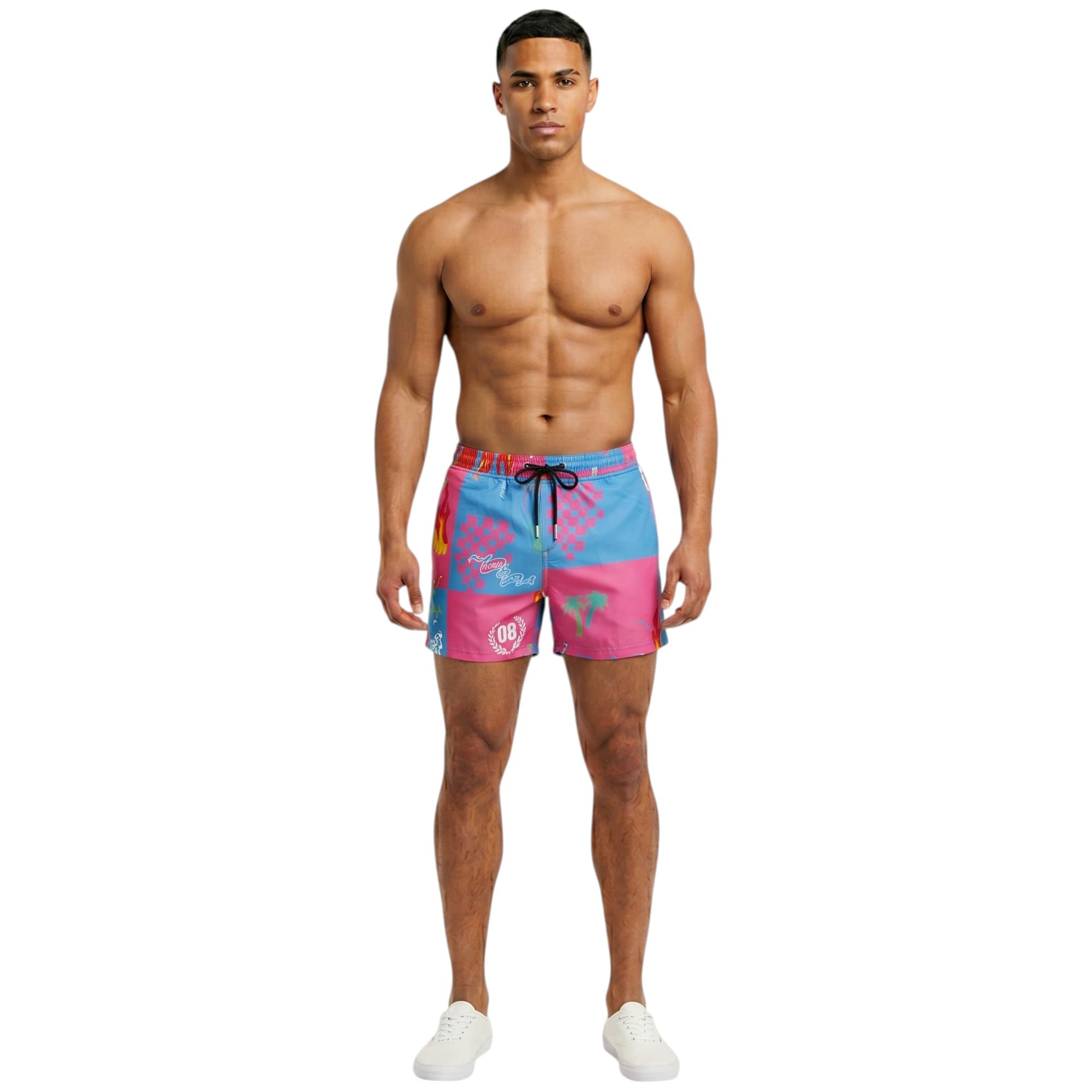 Reason men's pink and blue Hawaiian shorts with all-over print, front view