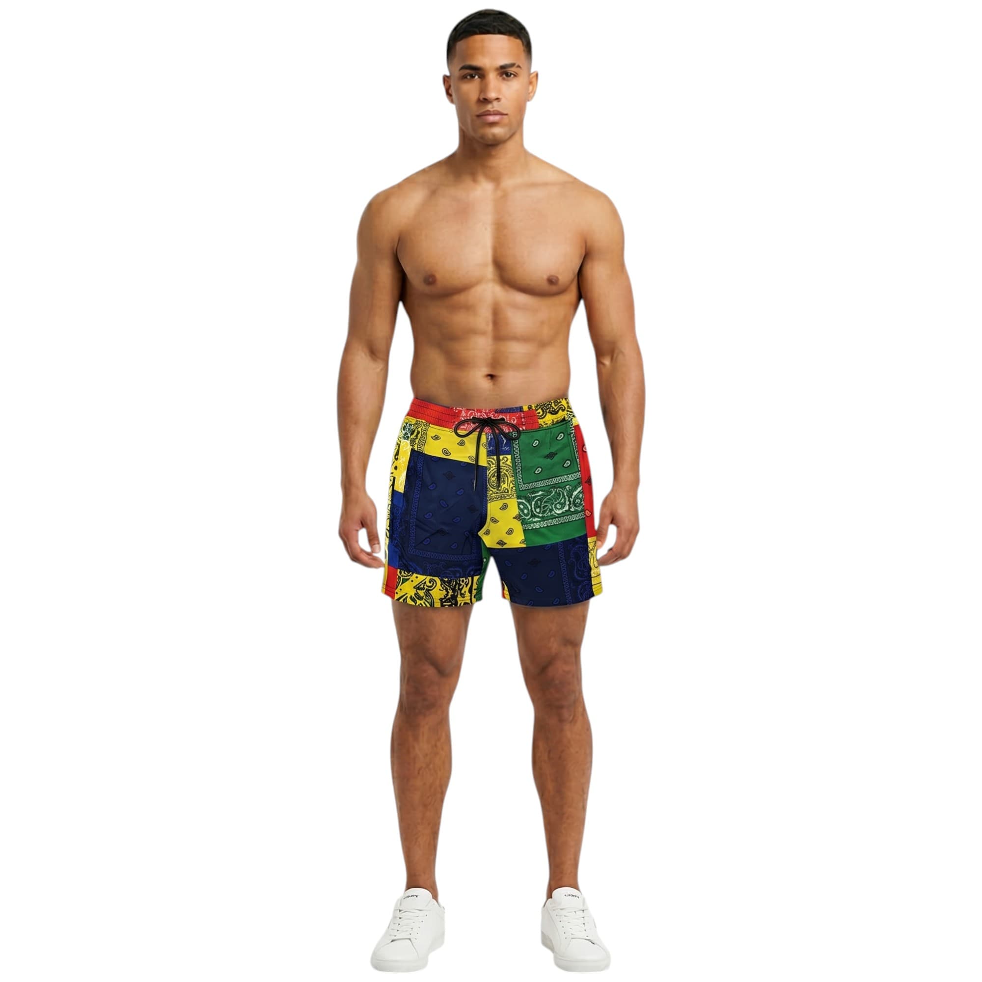Reason men's red and yellow Hawaiian shorts with allover print, front view