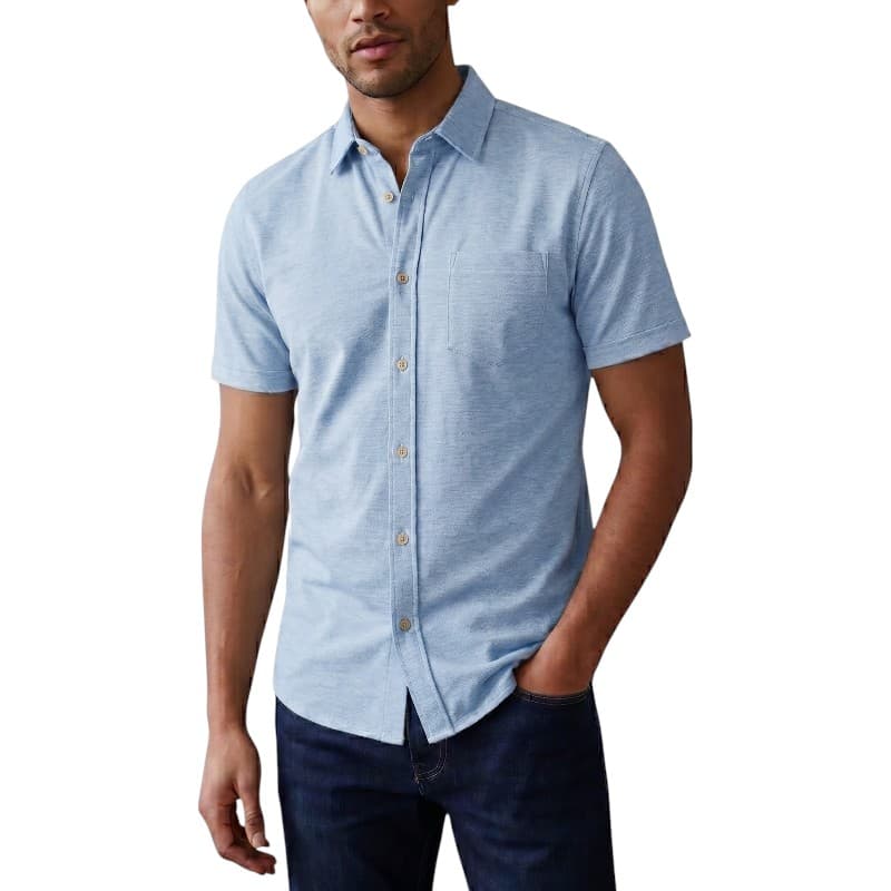 Philip Lilibet men's ice blue marl oxford shirt, front view with chest pocket