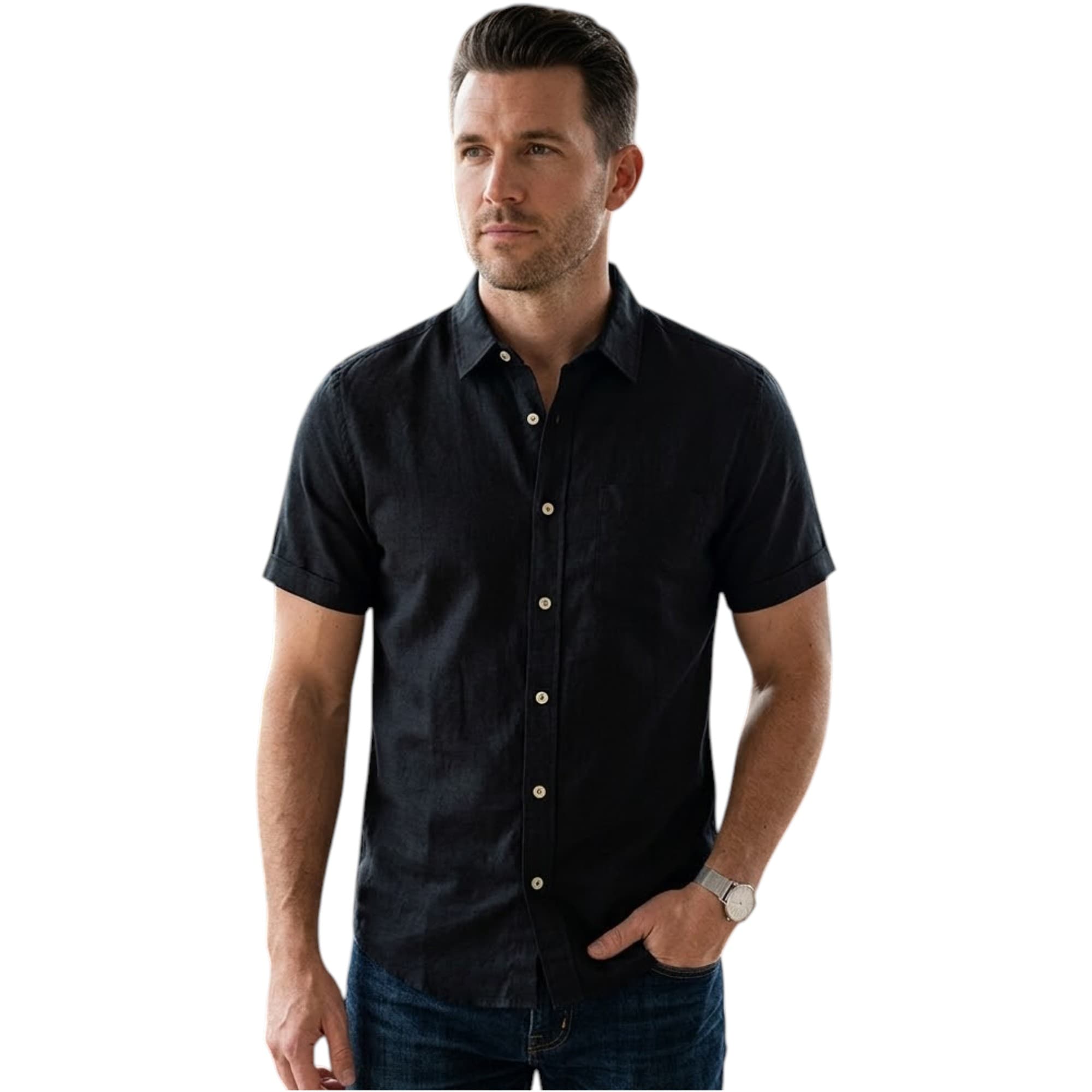 Springfield men's black short sleeve cotton casual shirt front view