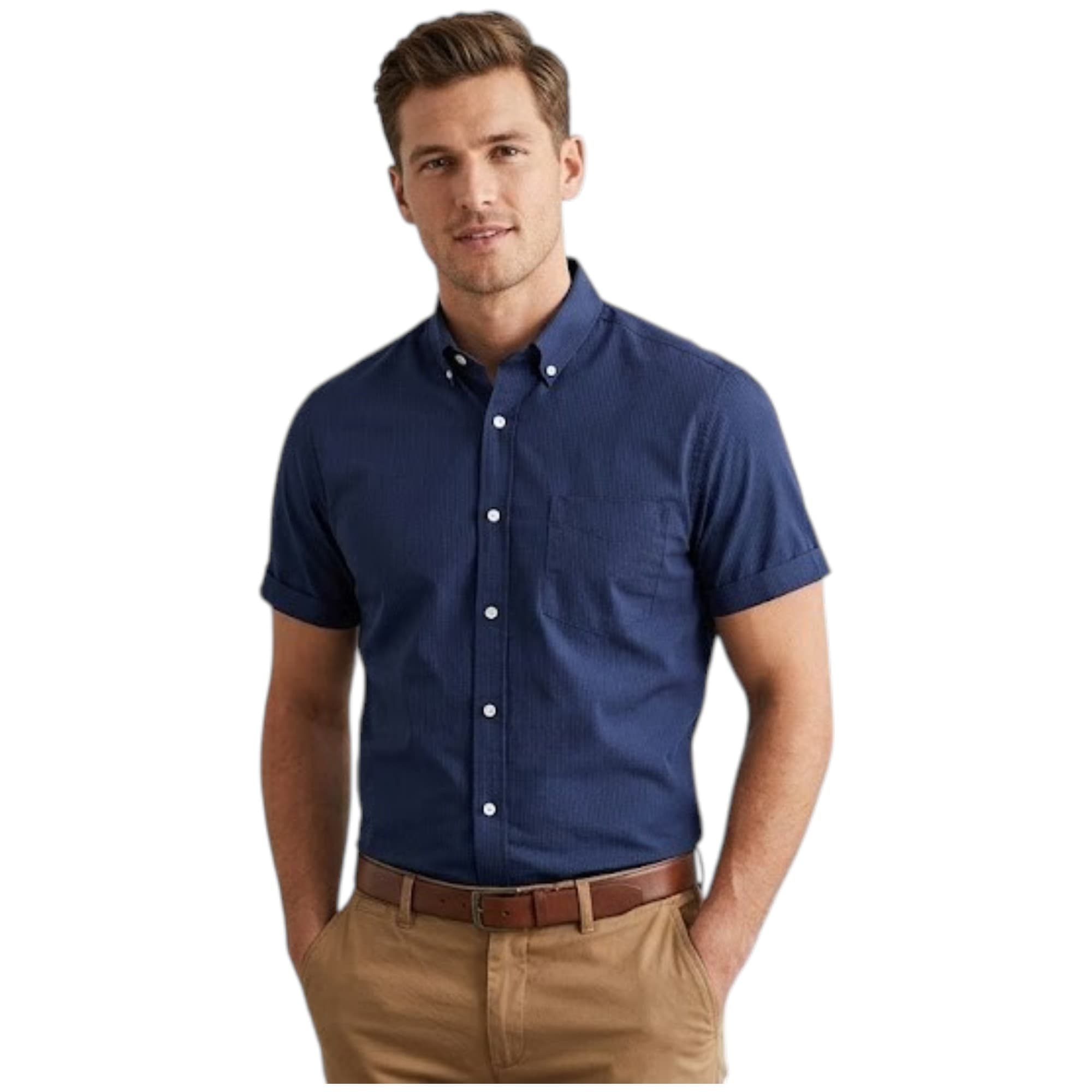 Springfield men's navy short sleeve cotton shirt front view